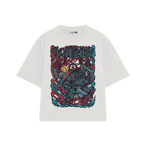 Playera streetwear premium de anime y gaming ExtraLife MX, corte boxy oversized drop shoulder heavyweight en color Deep Black y Off-White, moda urbana mexicana de culto.