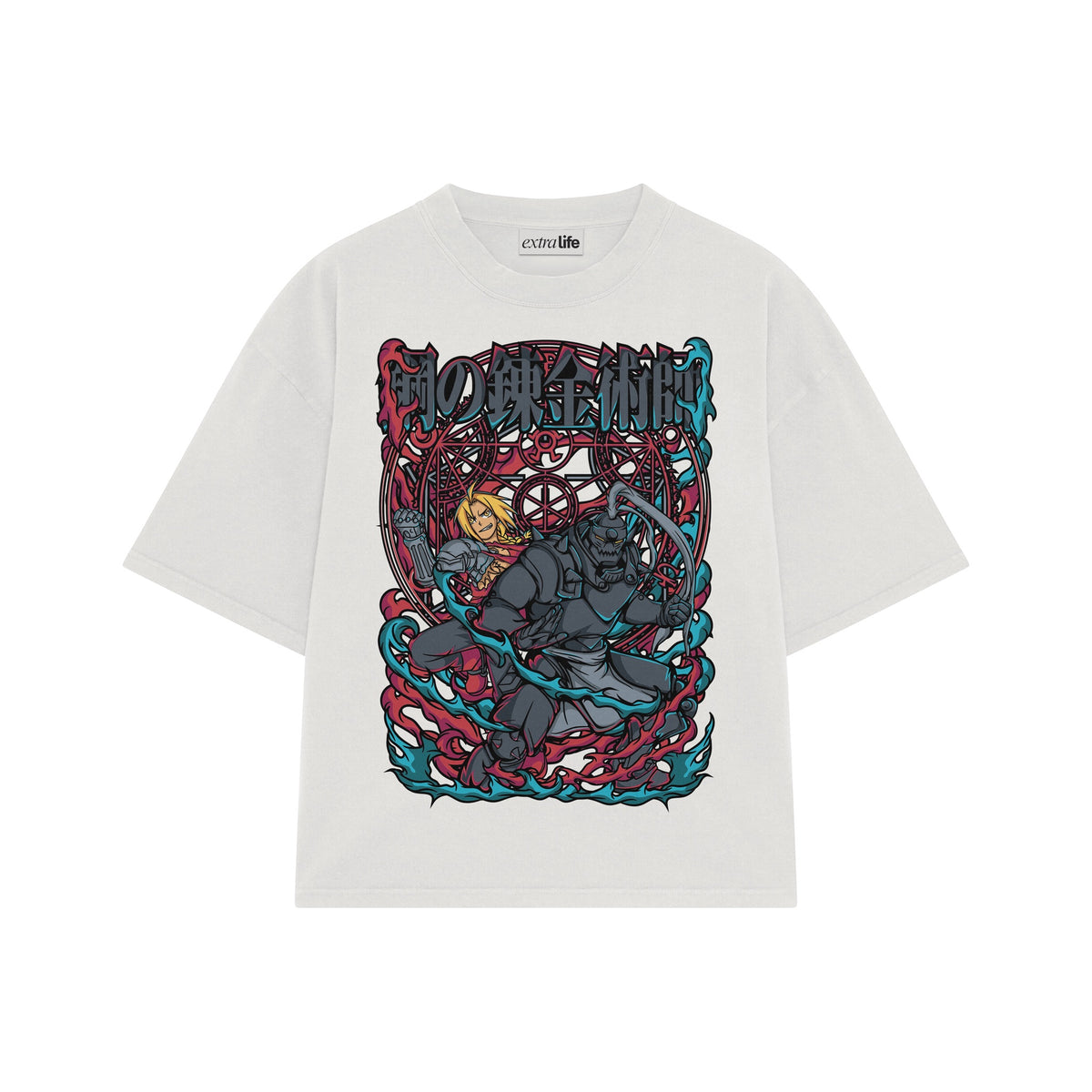 Playera streetwear premium de anime y gaming ExtraLife MX, corte oversized drop shoulder ligero y fresco en color Deep Black y Off-White, moda urbana mexicana de culto.