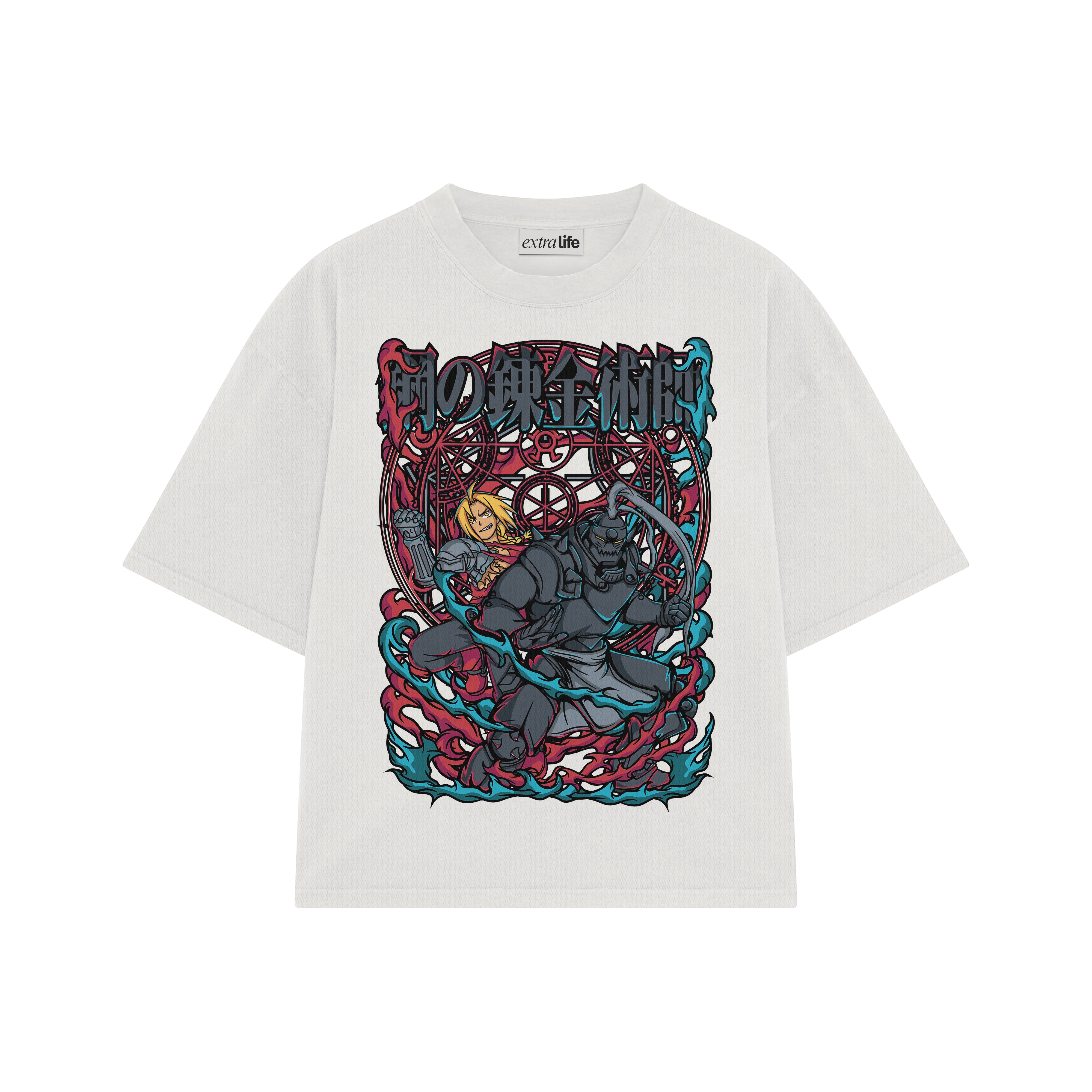 Playera streetwear premium de anime y gaming ExtraLife MX, corte boxy oversized drop shoulder heavyweight en color Deep Black y Off-White, moda urbana mexicana de culto.