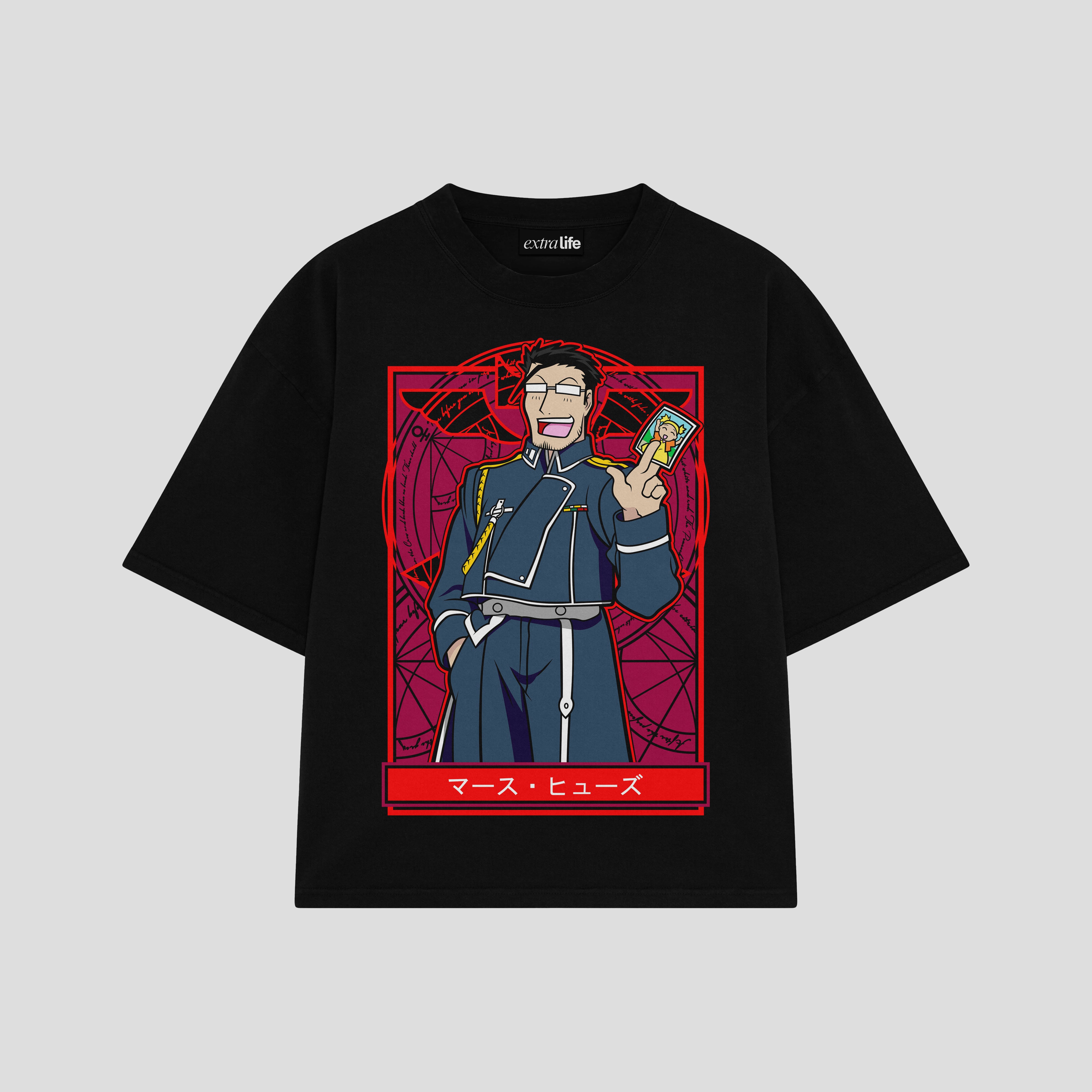Playera streetwear premium de anime y gaming ExtraLife MX, corte boxy oversized drop shoulder heavyweight en color Deep Black y Off-White, moda urbana mexicana de culto.