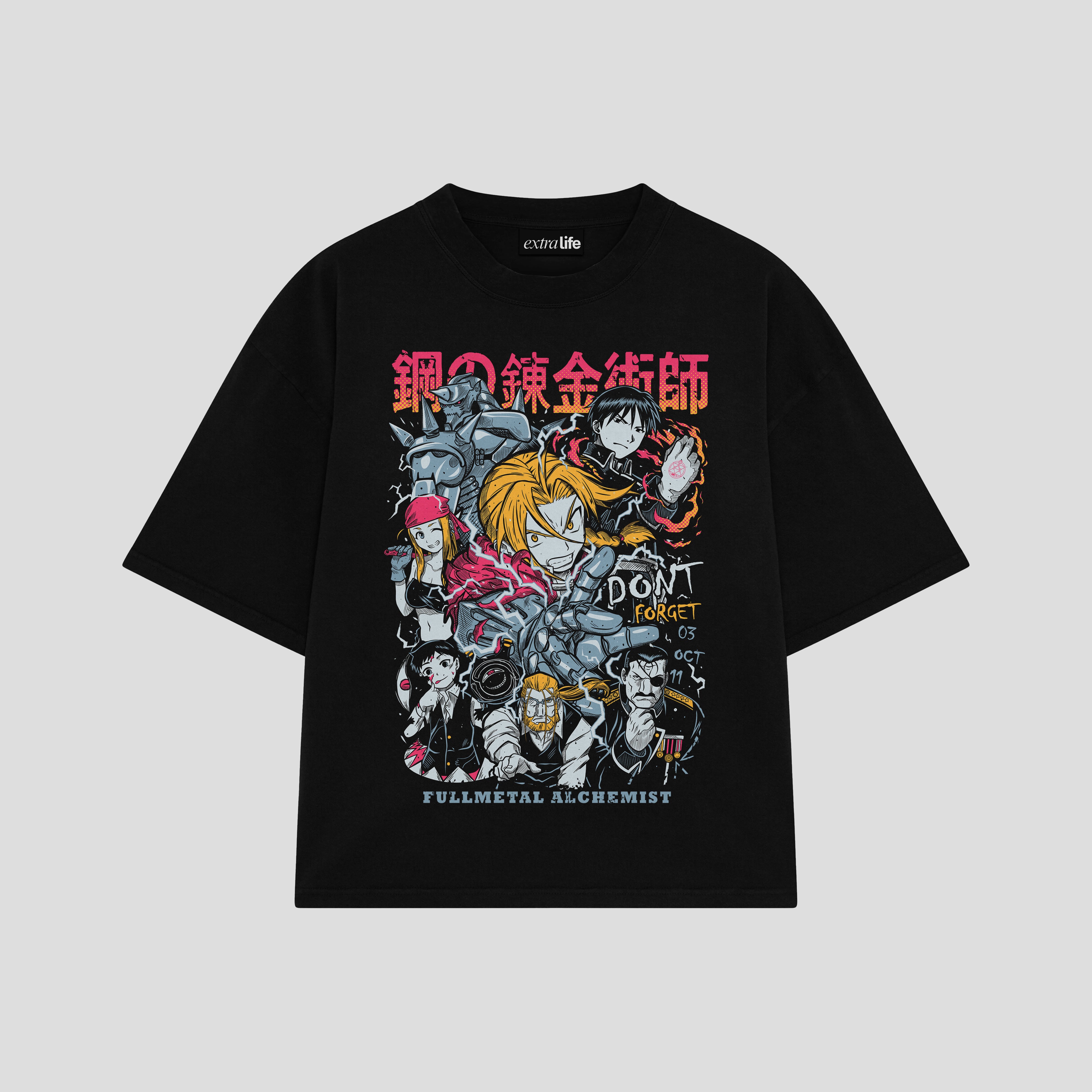 Playera streetwear premium de anime y gaming ExtraLife MX, corte boxy oversized drop shoulder heavyweight en color Deep Black y Off-White, moda urbana mexicana de culto.