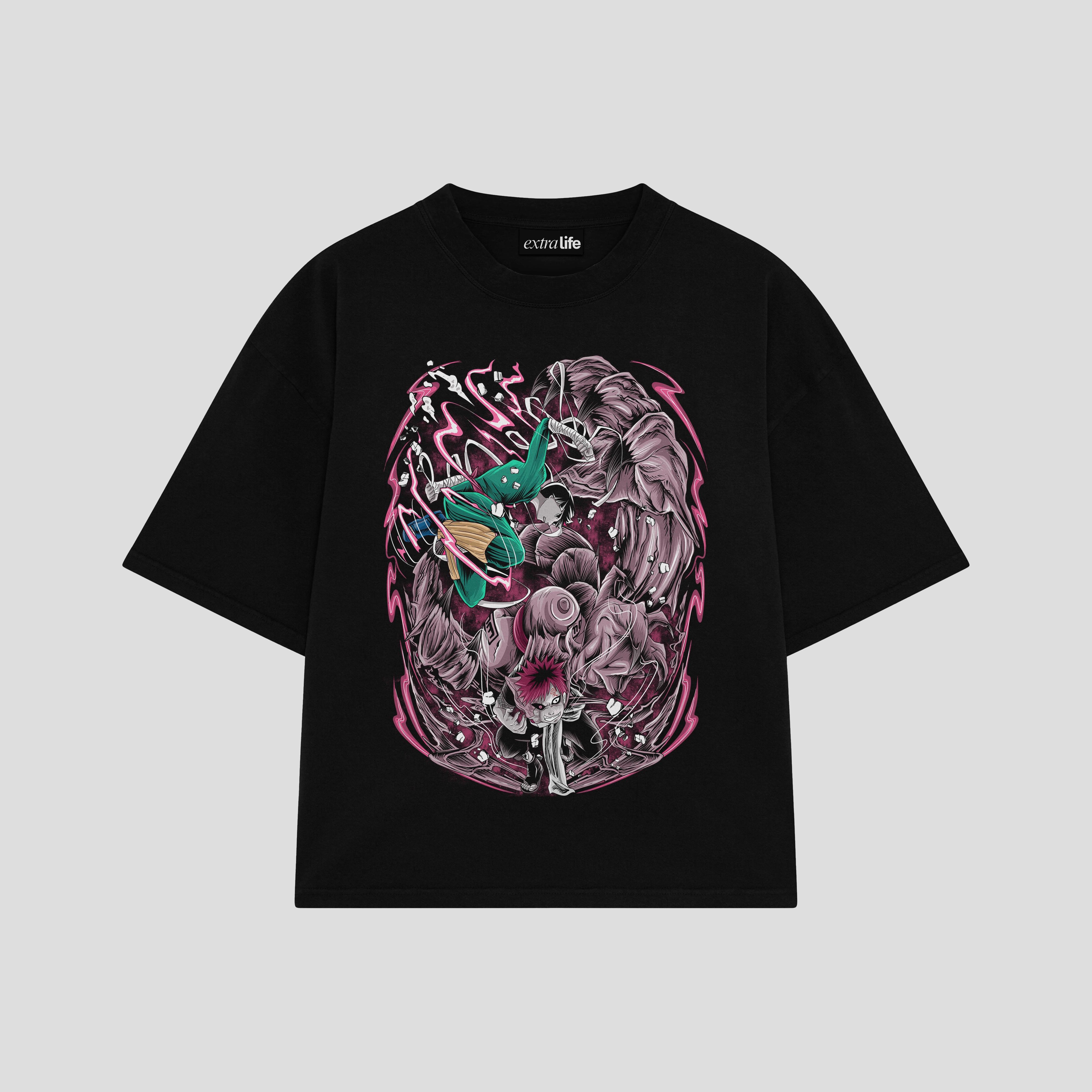 Playera streetwear premium de anime y gaming ExtraLife MX, corte boxy oversized drop shoulder heavyweight en color Deep Black y Off-White, moda urbana mexicana de culto.