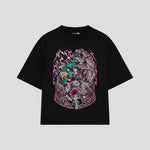 Playera streetwear premium de anime y gaming ExtraLife MX, corte boxy oversized drop shoulder heavyweight en color Deep Black y Off-White, moda urbana mexicana de culto.