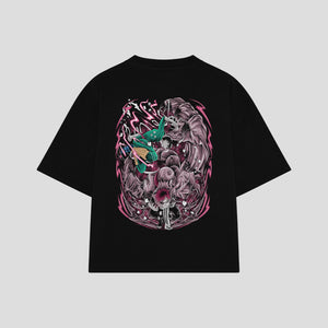 Playera streetwear premium de anime y gaming ExtraLife MX, corte boxy oversized drop shoulder heavyweight en color Deep Black y Off-White, moda urbana mexicana de culto.