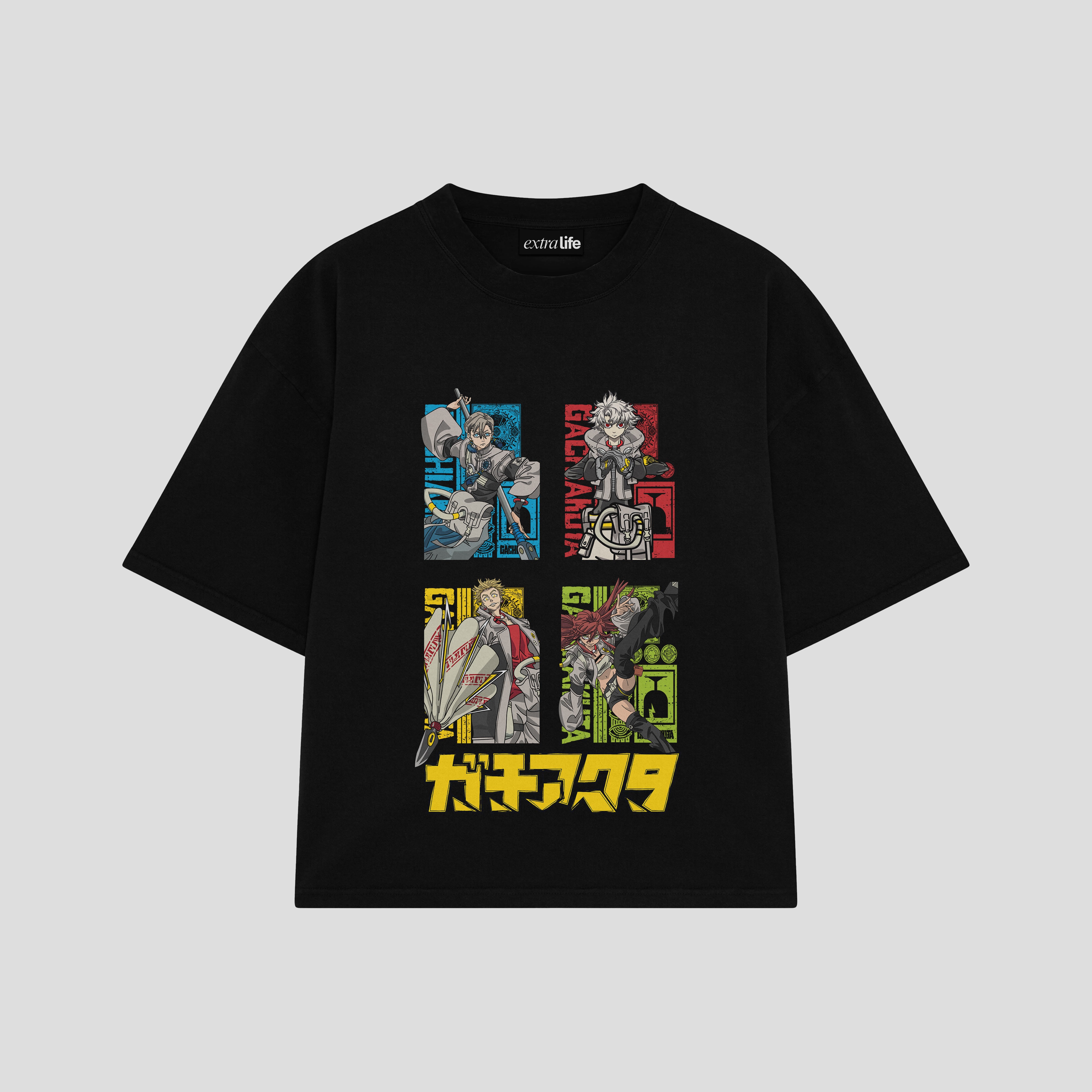 Playera streetwear premium de anime y gaming ExtraLife MX, corte boxy oversized drop shoulder heavyweight en color Deep Black y Off-White, moda urbana mexicana de culto.