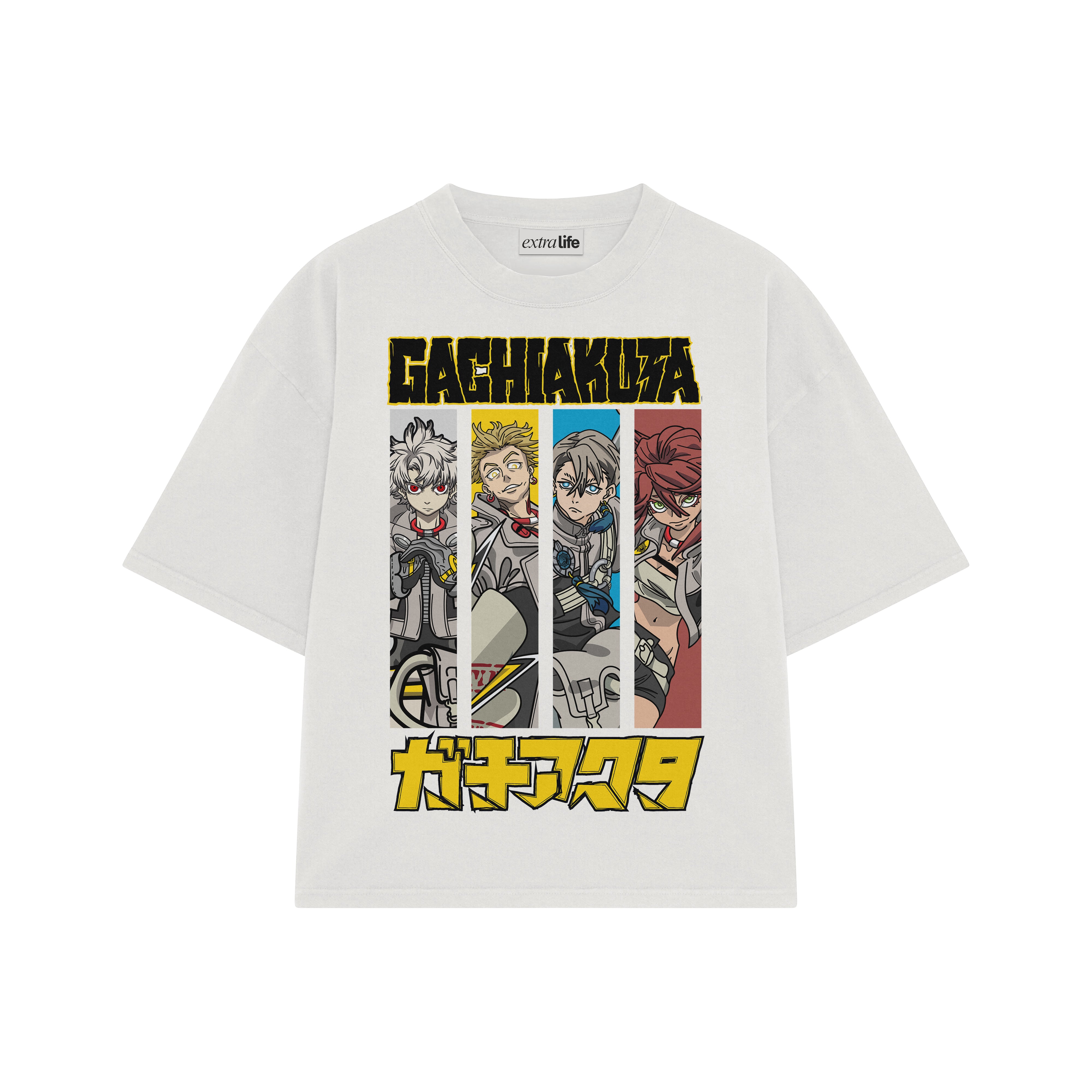 Playera streetwear premium de anime y gaming ExtraLife MX, corte boxy oversized drop shoulder heavyweight en color Deep Black y Off-White, moda urbana mexicana de culto.
