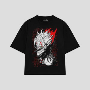 Playera streetwear premium de anime y gaming ExtraLife MX, corte boxy oversized drop shoulder heavyweight en color Deep Black y Off-White, moda urbana mexicana de culto.
