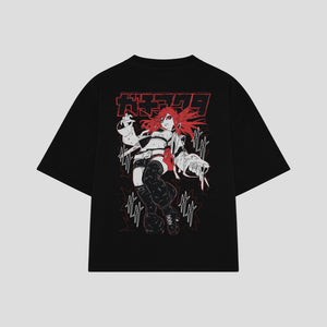 Playera streetwear premium de anime y gaming ExtraLife MX, corte boxy oversized drop shoulder heavyweight en color Deep Black y Off-White, moda urbana mexicana de culto.