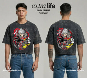 Playera streetwear premium de anime y gaming ExtraLife MX, corte boxy deluxe mineral wash heavyweight en color Acid Wash, moda urbana mexicana de culto.