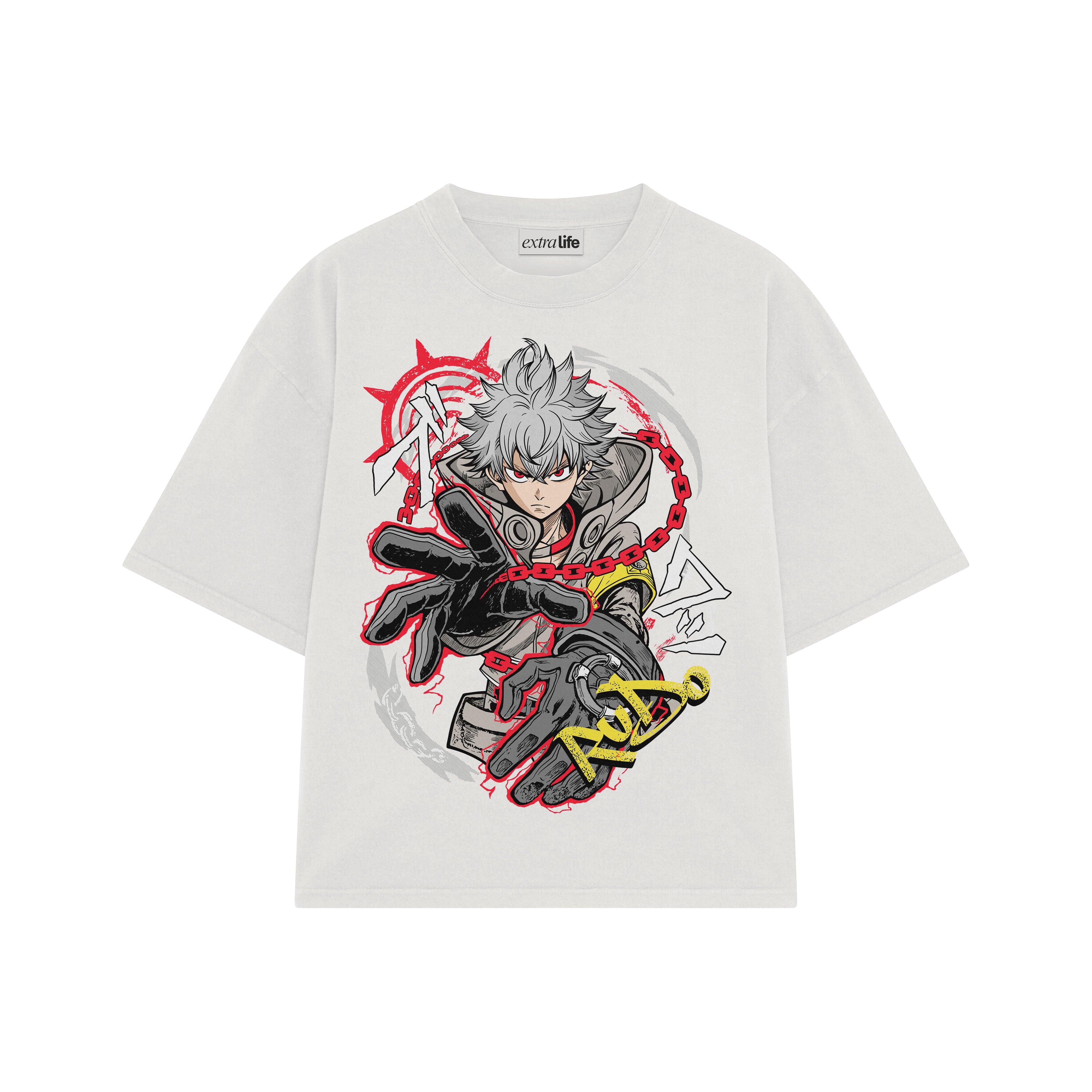 Playera streetwear premium de anime y gaming ExtraLife MX, corte boxy oversized drop shoulder heavyweight en color Deep Black y Off-White, moda urbana mexicana de culto.