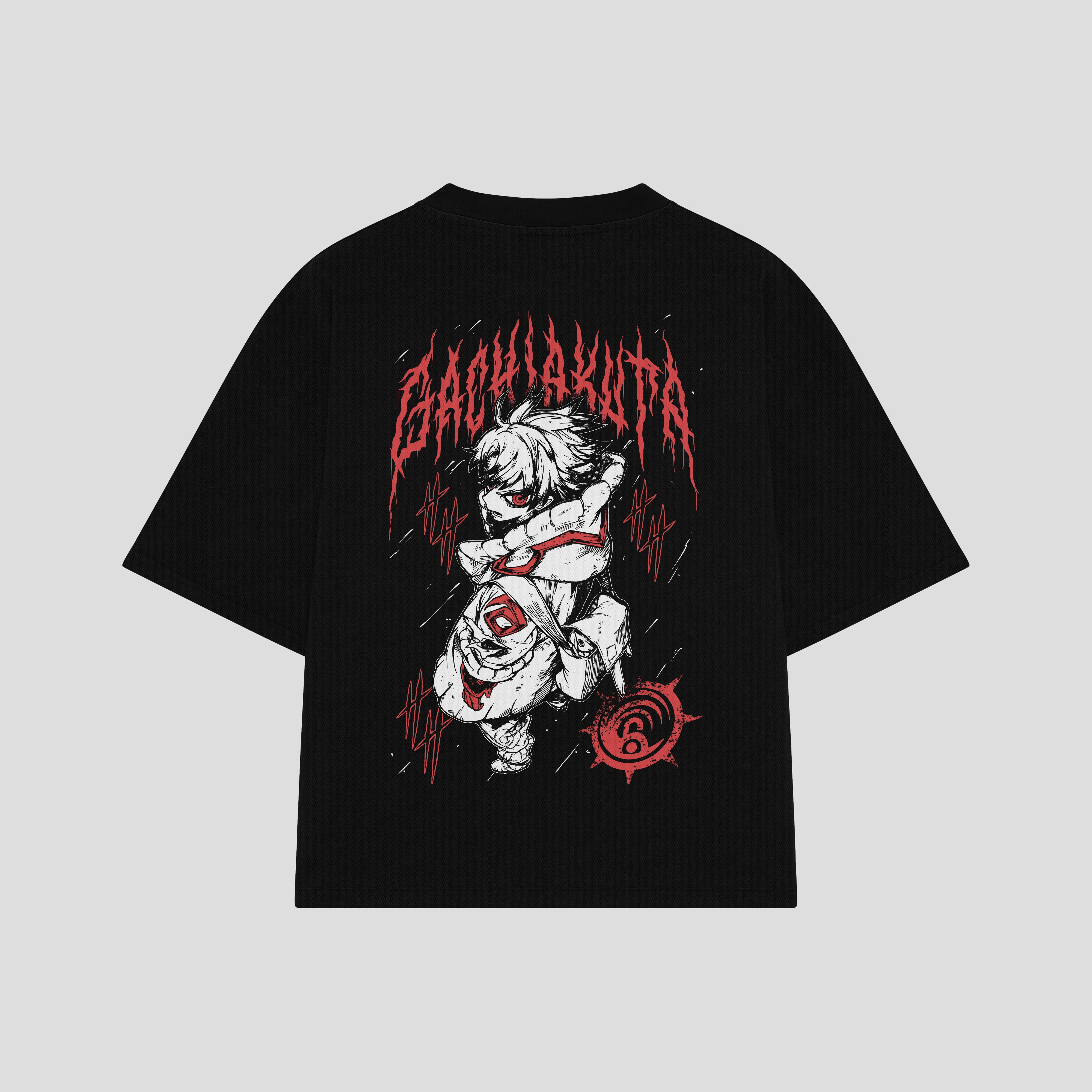 Playera streetwear premium de anime y gaming ExtraLife MX, corte boxy oversized drop shoulder heavyweight en color Deep Black y Off-White, moda urbana mexicana de culto.