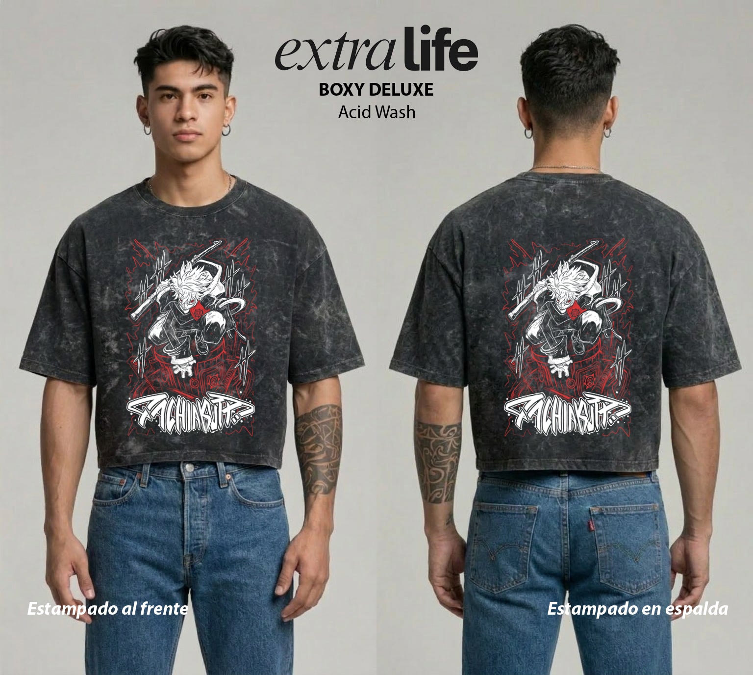 Playera streetwear premium de anime y gaming ExtraLife MX, corte boxy deluxe mineral wash heavyweight en color Acid Wash, moda urbana mexicana de culto.