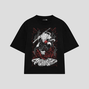 Playera streetwear premium de anime y gaming ExtraLife MX, corte boxy oversized drop shoulder heavyweight en color Deep Black y Off-White, moda urbana mexicana de culto.