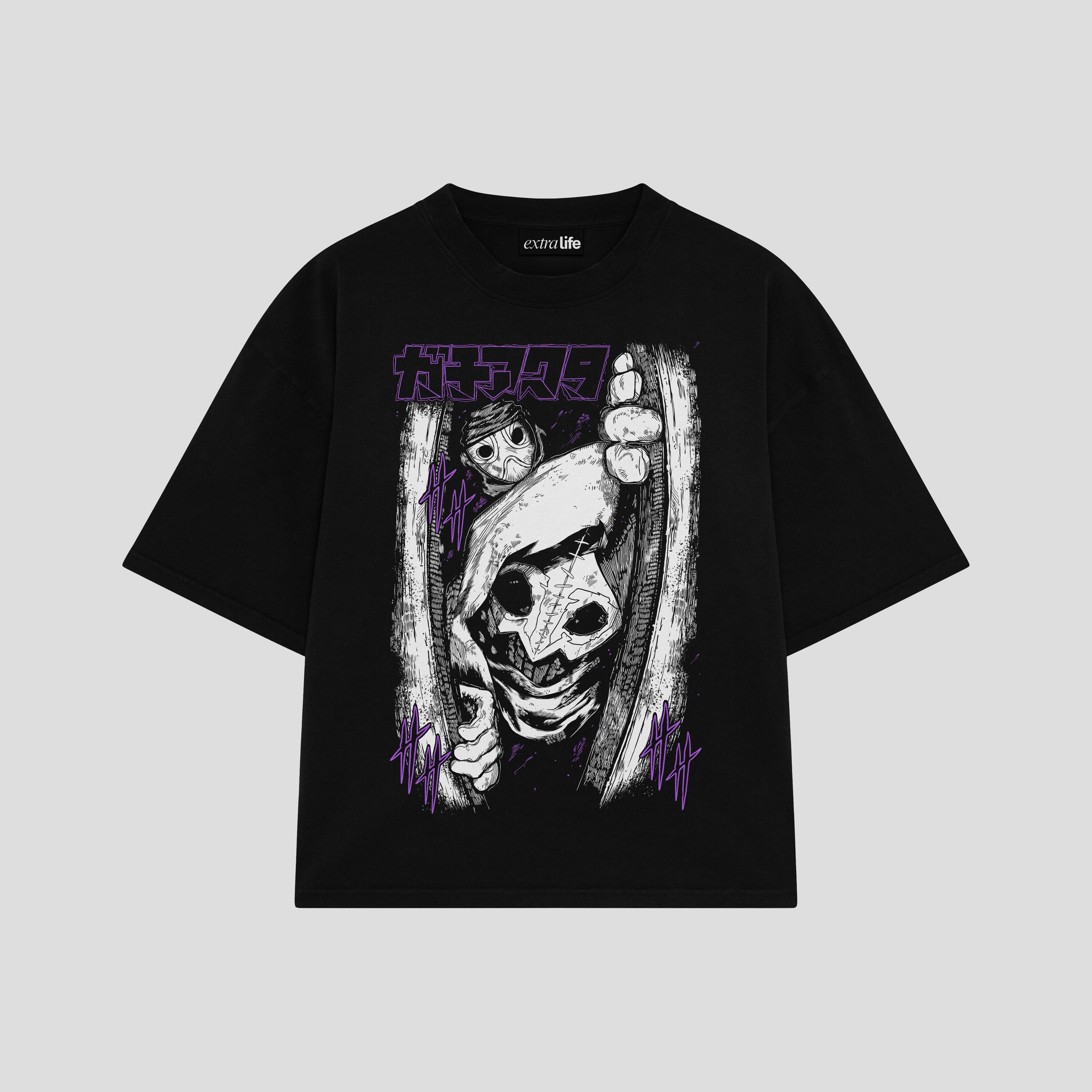 Playera streetwear premium de anime y gaming ExtraLife MX, corte boxy oversized drop shoulder heavyweight en color Deep Black y Off-White, moda urbana mexicana de culto.