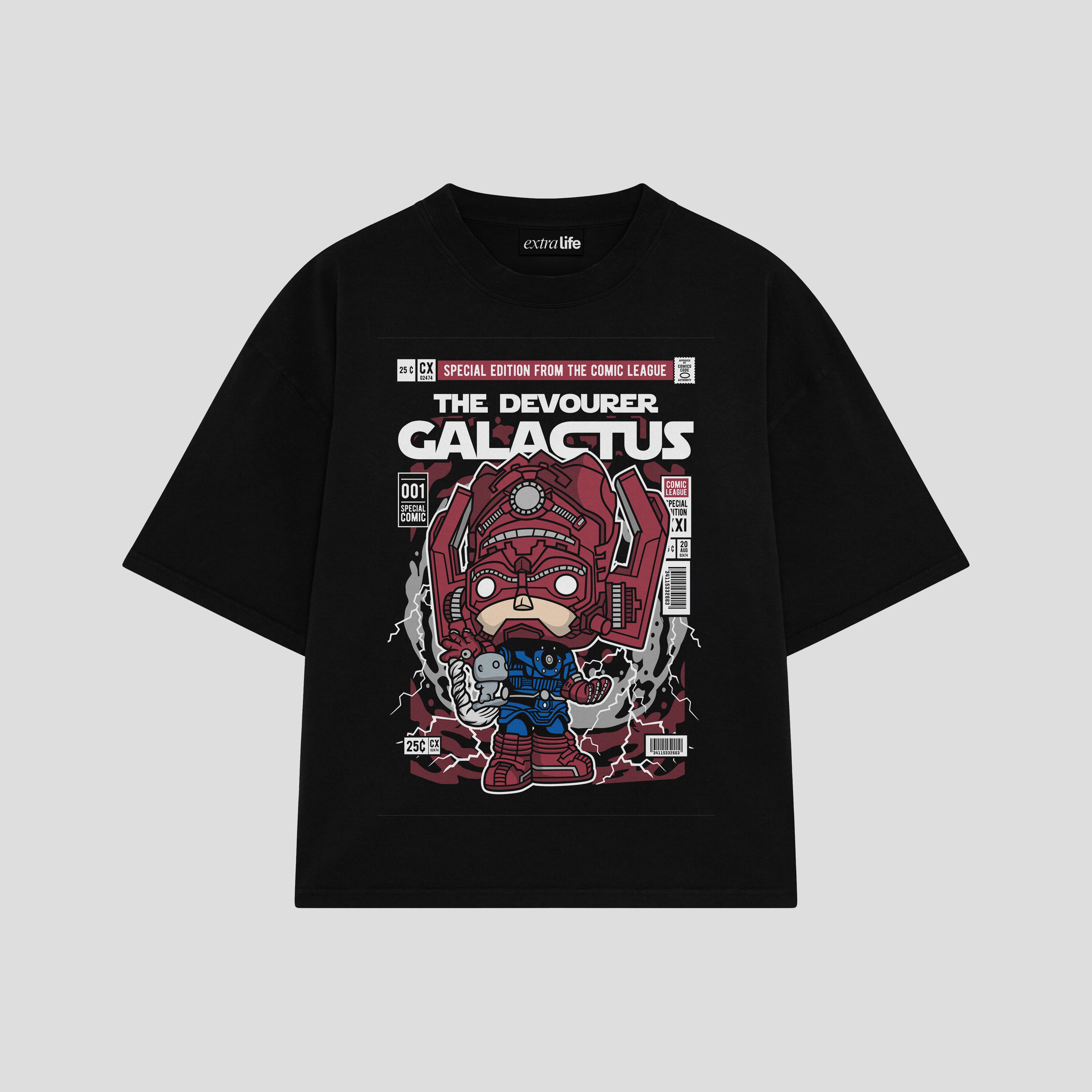 Playera streetwear premium de anime y gaming ExtraLife MX, corte boxy oversized drop shoulder heavyweight en color Deep Black y Off-White, moda urbana mexicana de culto.