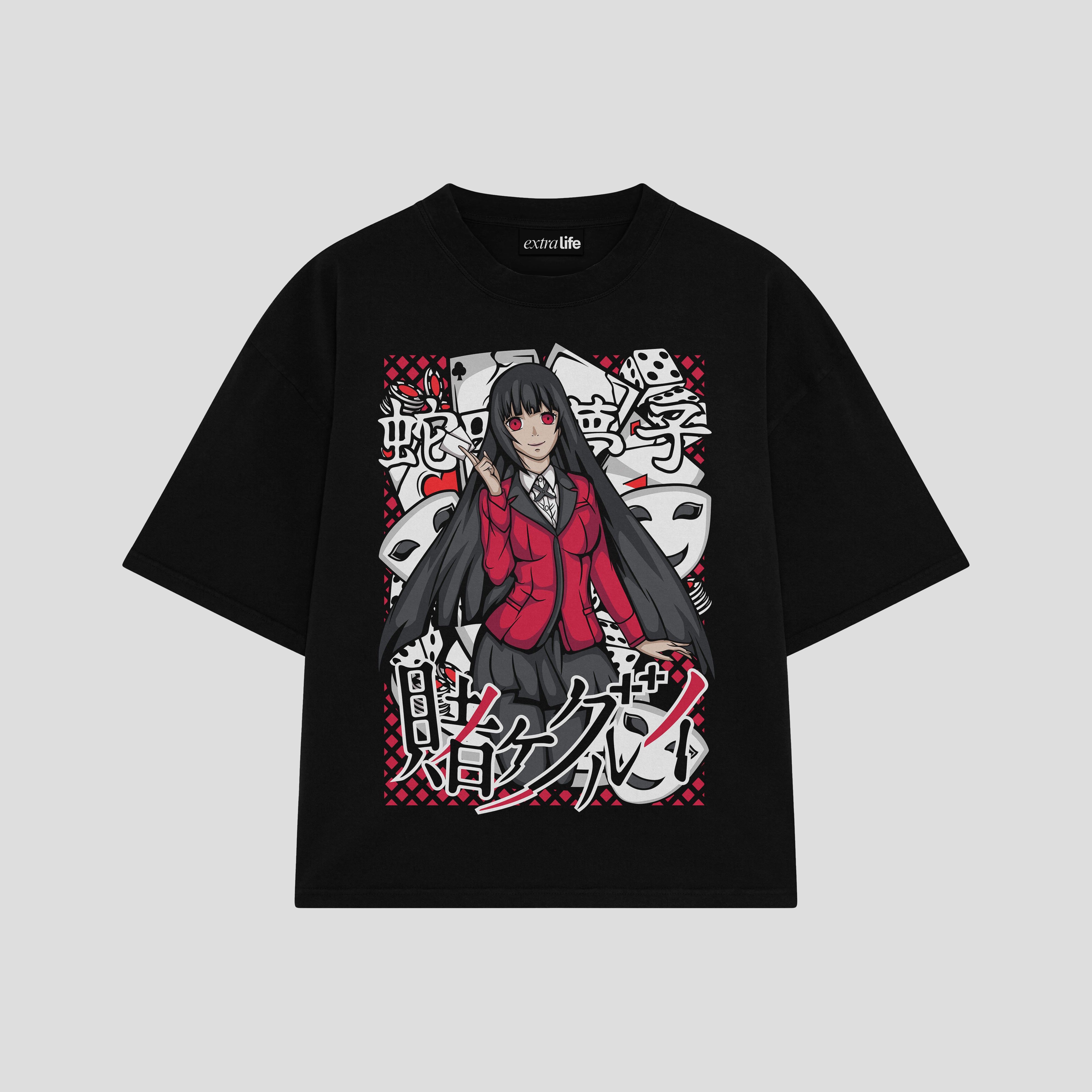 Playera streetwear premium de anime y gaming ExtraLife MX, corte boxy oversized drop shoulder heavyweight en color Deep Black y Off-White, moda urbana mexicana de culto.