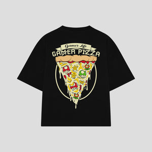 Playera streetwear premium de anime y gaming ExtraLife MX, corte boxy oversized drop shoulder heavyweight en color Deep Black y Off-White, moda urbana mexicana de culto.