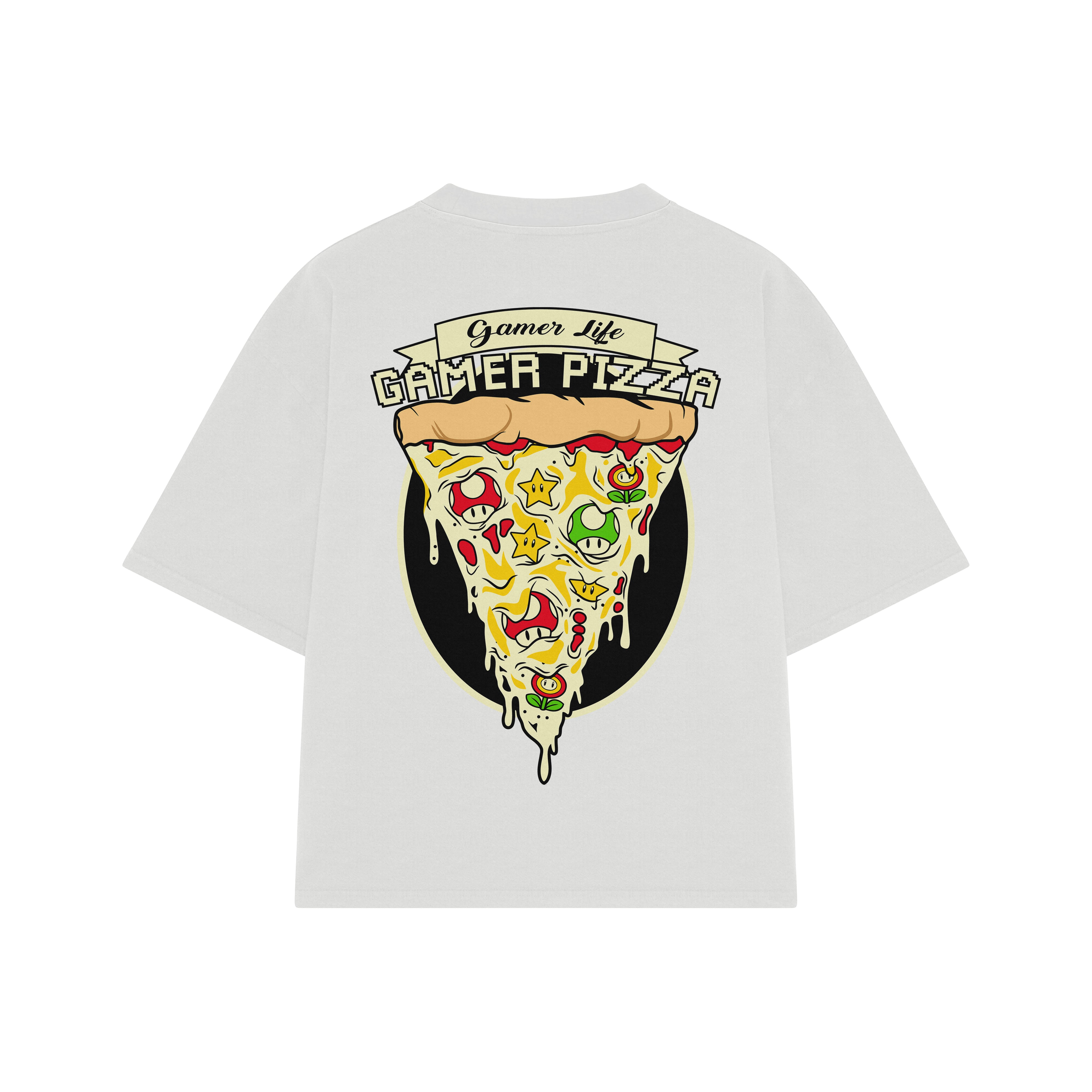 Playera streetwear premium de anime y gaming ExtraLife MX, corte boxy oversized drop shoulder heavyweight en color Deep Black y Off-White, moda urbana mexicana de culto.