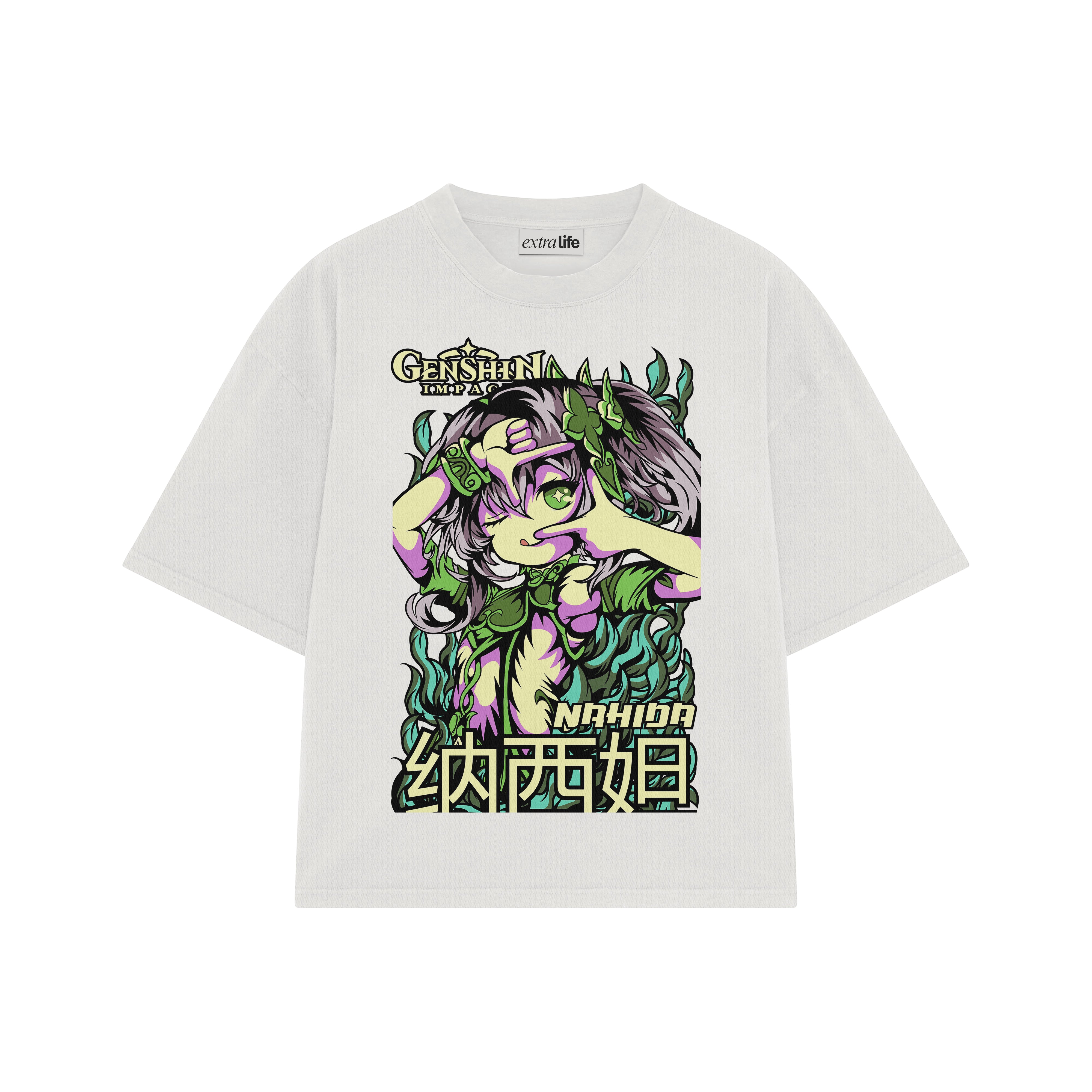 Playera streetwear premium de anime y gaming ExtraLife MX, corte boxy oversized drop shoulder heavyweight en color Deep Black y Off-White, moda urbana mexicana de culto.
