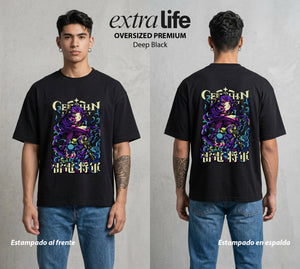 Los Viajeros del Teyvat | El Shogun del Eterno #01523 - Playera Oversized Premium | Deep Black - Foto en modelo
