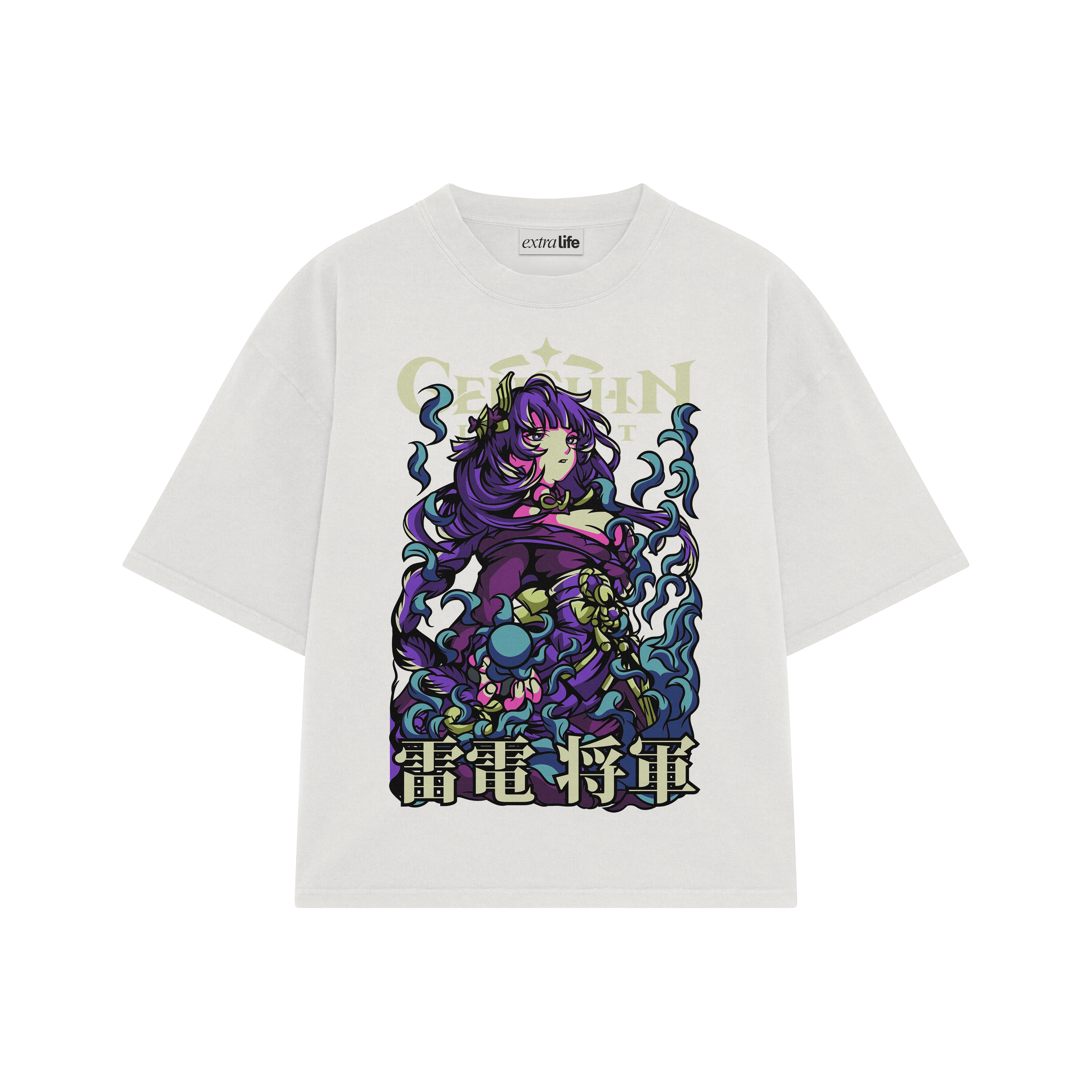 Playera streetwear premium de anime y gaming ExtraLife MX, corte boxy oversized drop shoulder heavyweight en color Deep Black y Off-White, moda urbana mexicana de culto.