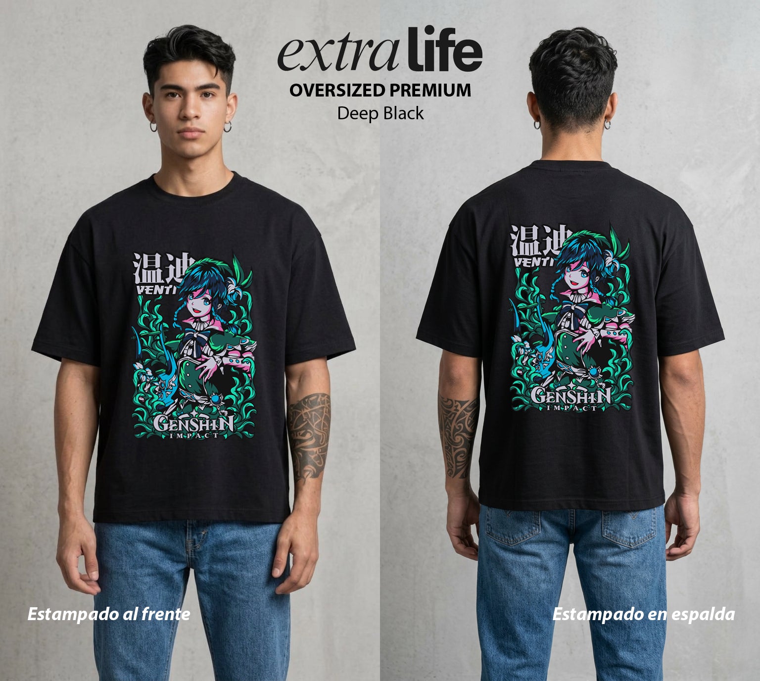 Los Viajeros del Teyvat | El Dios del Viento #01524 - Playera Oversized Premium | Deep Black - Foto en modelo
