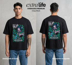 Los Viajeros del Teyvat | El Dios del Viento #01524 - Playera Oversized Premium | Deep Black - Foto en modelo