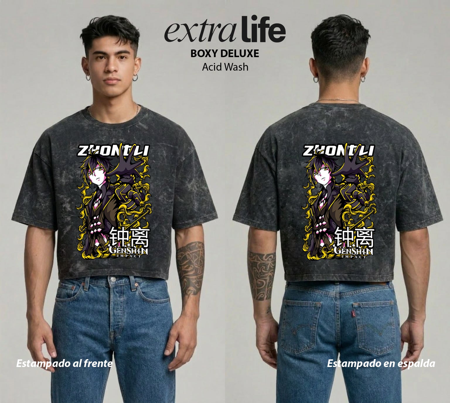 Playera streetwear premium de anime y gaming ExtraLife MX, corte boxy deluxe mineral wash heavyweight en color Acid Wash, moda urbana mexicana de culto.