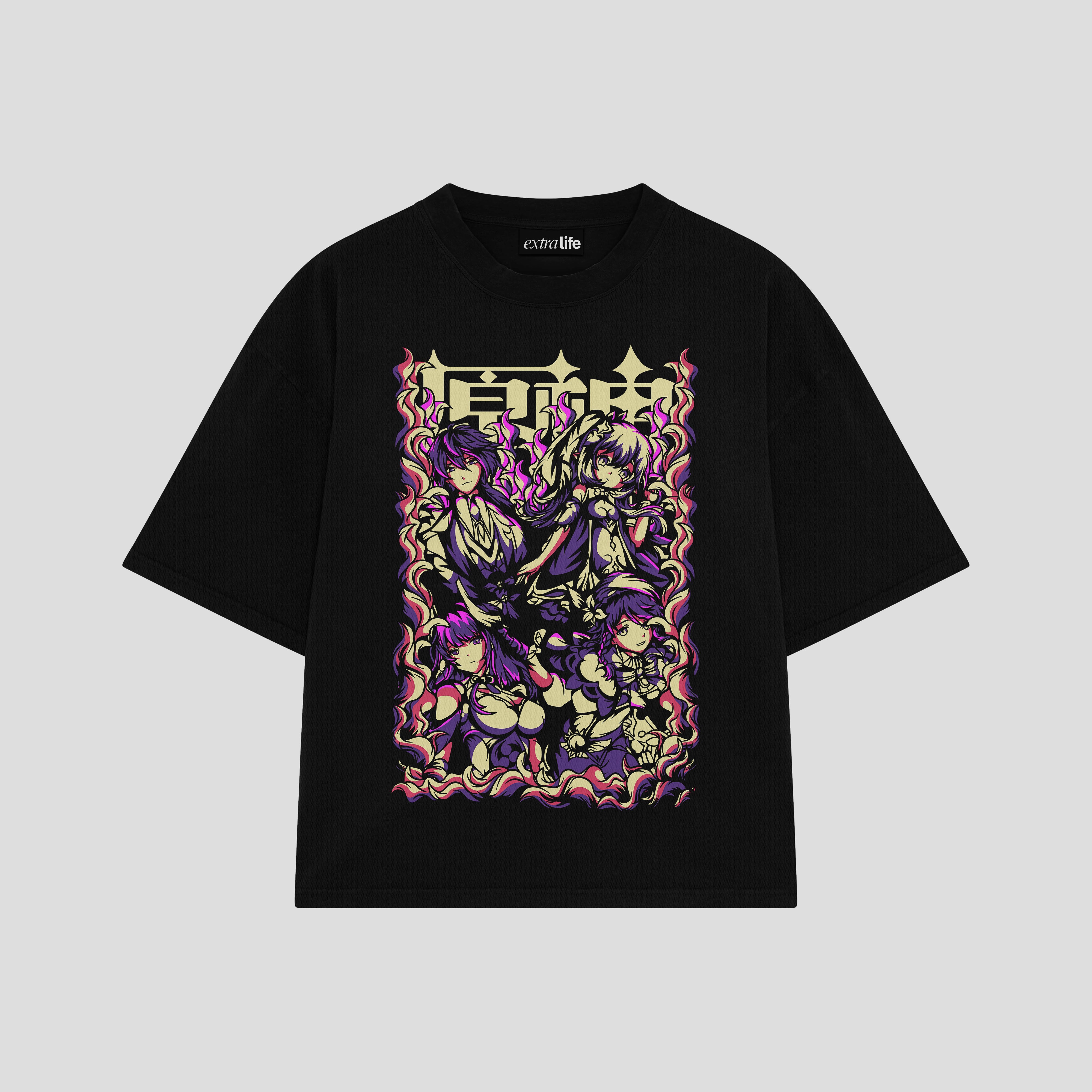 Playera streetwear premium de anime y gaming ExtraLife MX, corte boxy oversized drop shoulder heavyweight en color Deep Black y Off-White, moda urbana mexicana de culto.