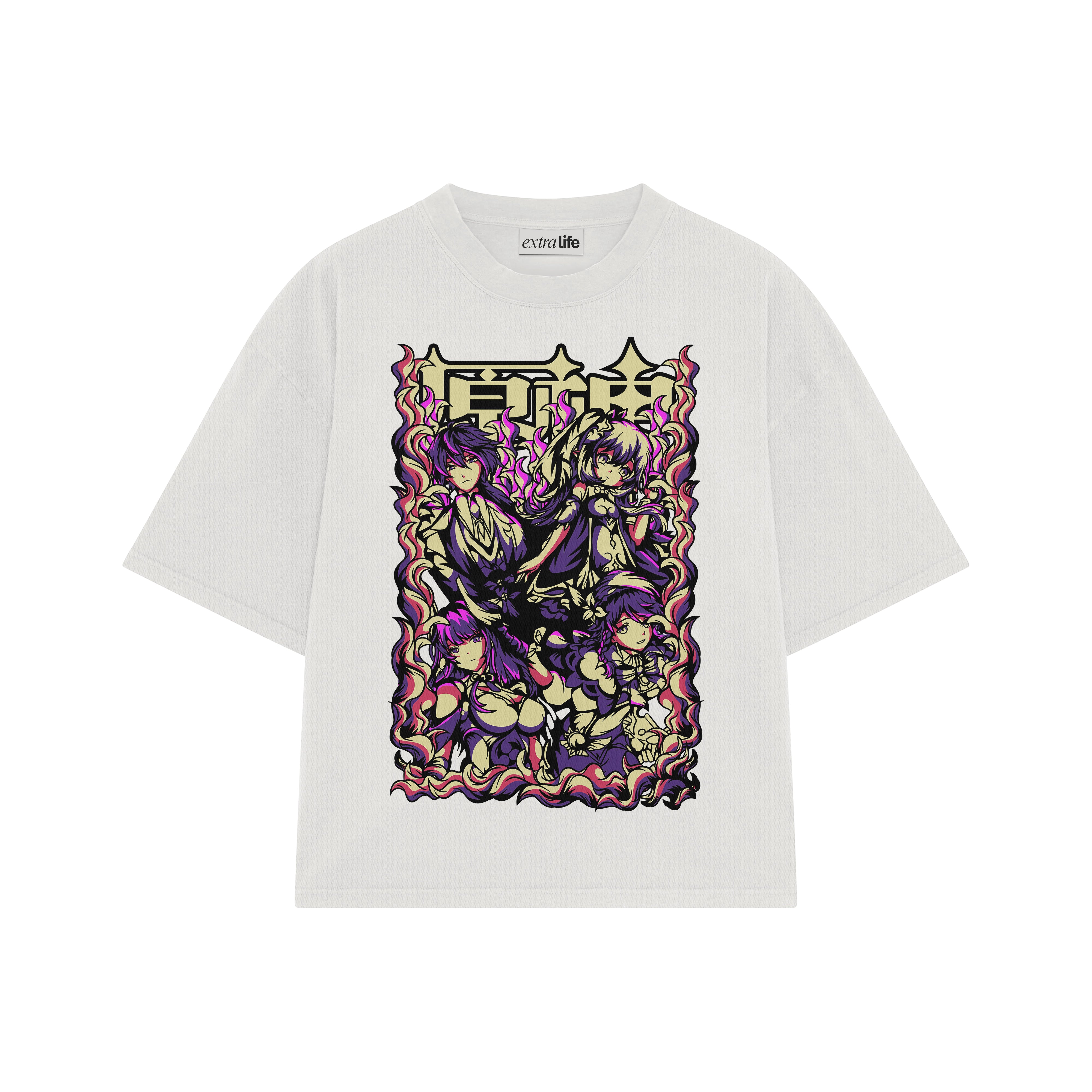 Playera streetwear premium de anime y gaming ExtraLife MX, corte boxy oversized drop shoulder heavyweight en color Deep Black y Off-White, moda urbana mexicana de culto.