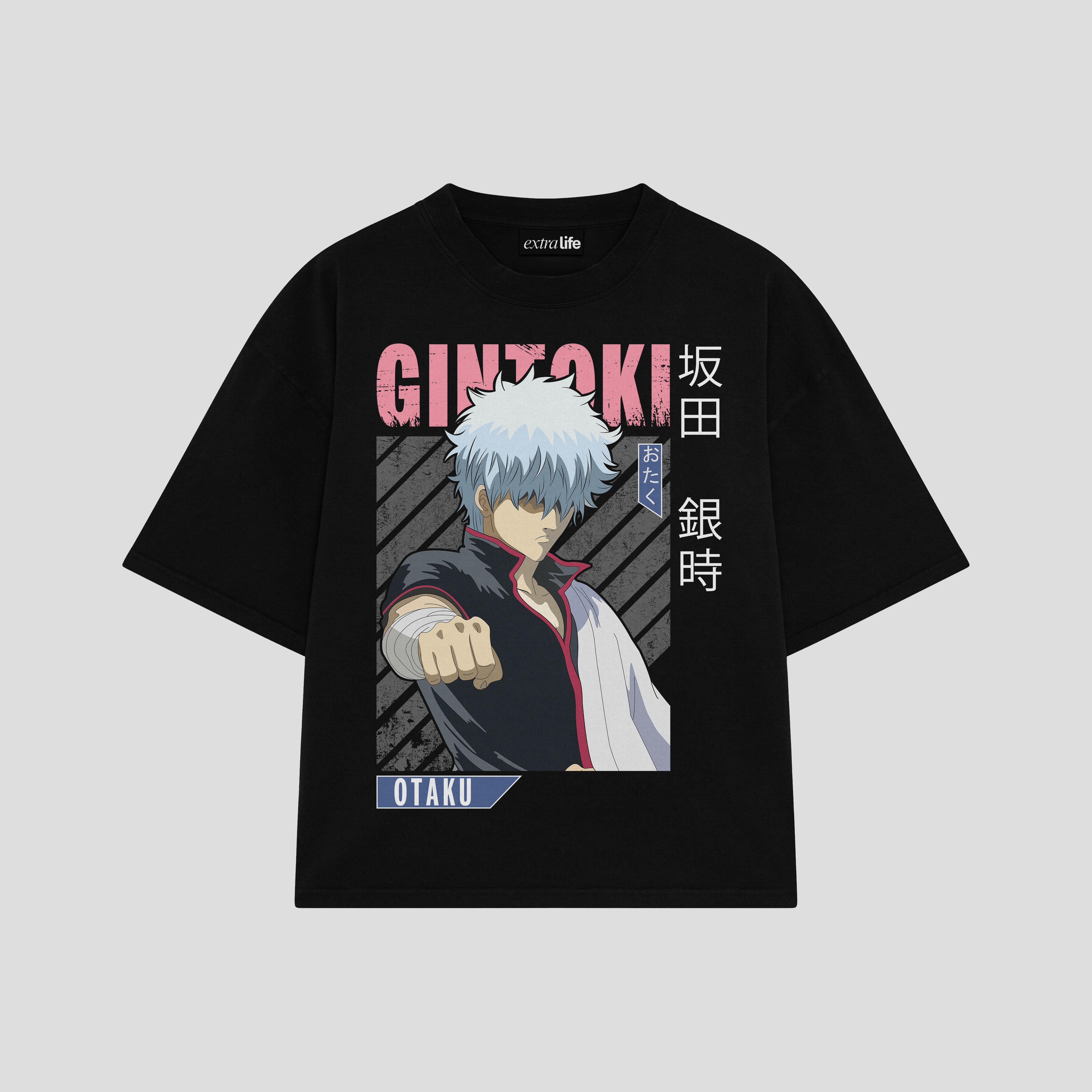 Playera streetwear premium de anime y gaming ExtraLife MX, corte boxy oversized drop shoulder heavyweight en color Deep Black y Off-White, moda urbana mexicana de culto.