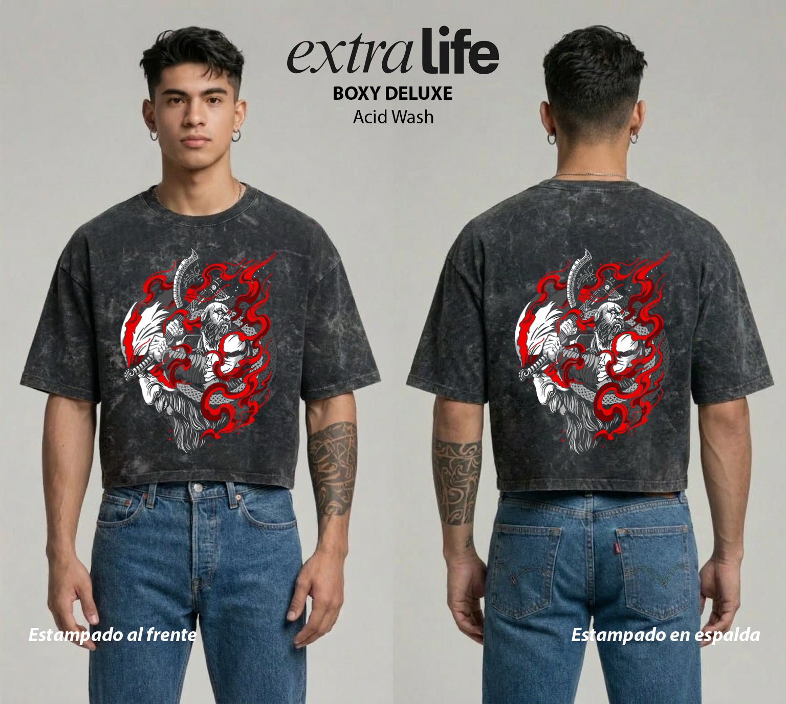 Playera streetwear premium de anime y gaming ExtraLife MX, corte boxy deluxe mineral wash heavyweight en color Acid Wash, moda urbana mexicana de culto.