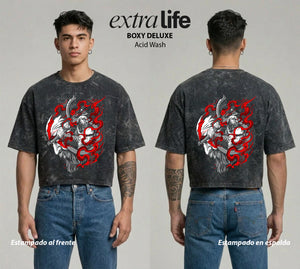 Playera streetwear premium de anime y gaming ExtraLife MX, corte boxy deluxe mineral wash heavyweight en color Acid Wash, moda urbana mexicana de culto.