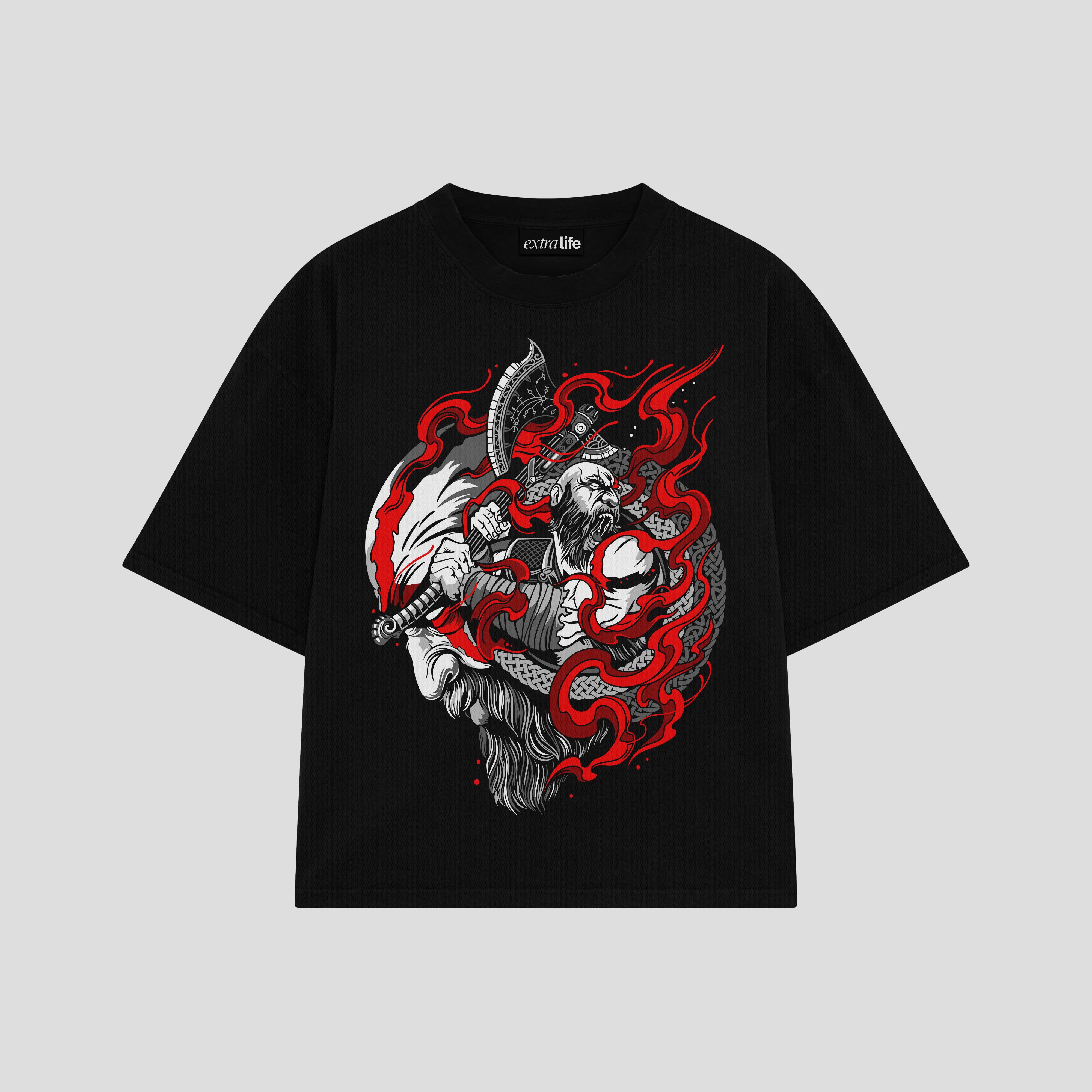 Playera streetwear premium de anime y gaming ExtraLife MX, corte boxy oversized drop shoulder heavyweight en color Deep Black y Off-White, moda urbana mexicana de culto.