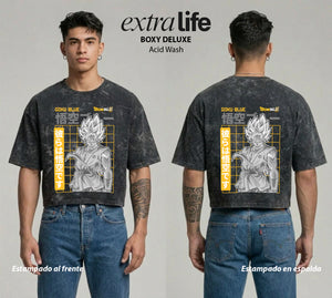 Playera streetwear premium de anime y gaming ExtraLife MX, corte boxy deluxe mineral wash heavyweight en color Acid Wash, moda urbana mexicana de culto.