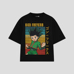 Playera streetwear premium de anime y gaming ExtraLife MX, corte boxy oversized drop shoulder heavyweight en color Deep Black y Off-White, moda urbana mexicana de culto.