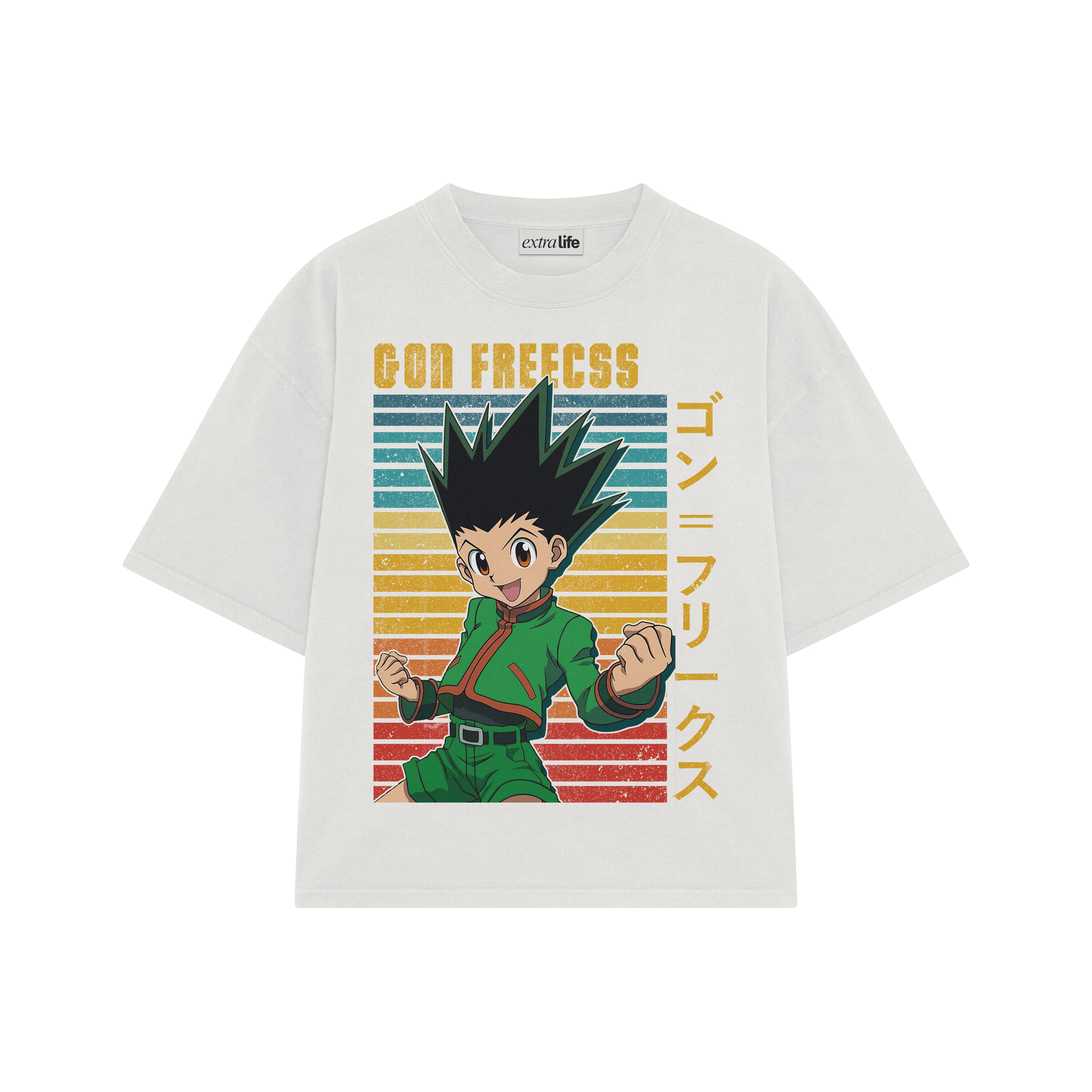 Playera streetwear premium de anime y gaming ExtraLife MX, corte boxy oversized drop shoulder heavyweight en color Deep Black y Off-White, moda urbana mexicana de culto.