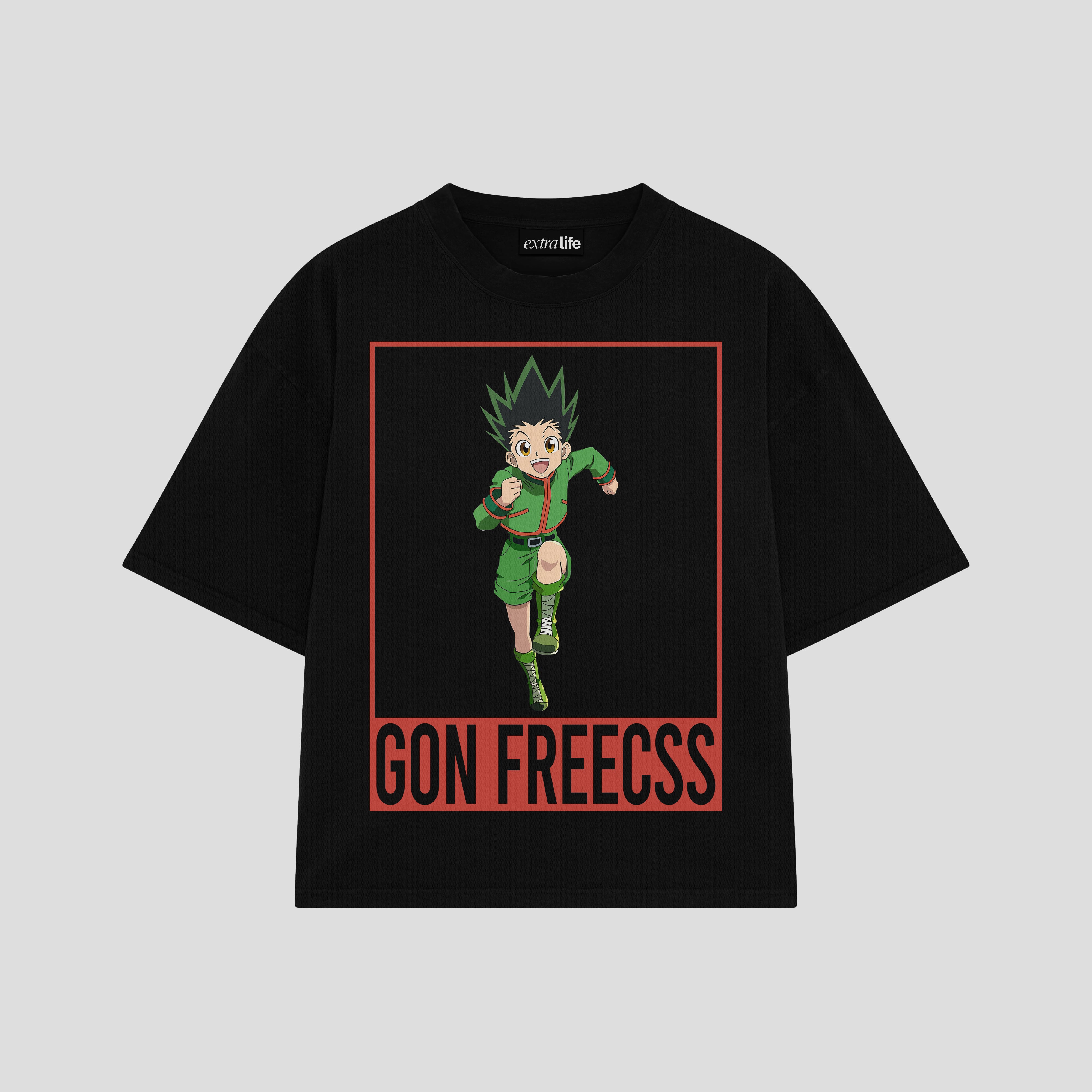 Playera streetwear premium de anime y gaming ExtraLife MX, corte boxy oversized drop shoulder heavyweight en color Deep Black y Off-White, moda urbana mexicana de culto.