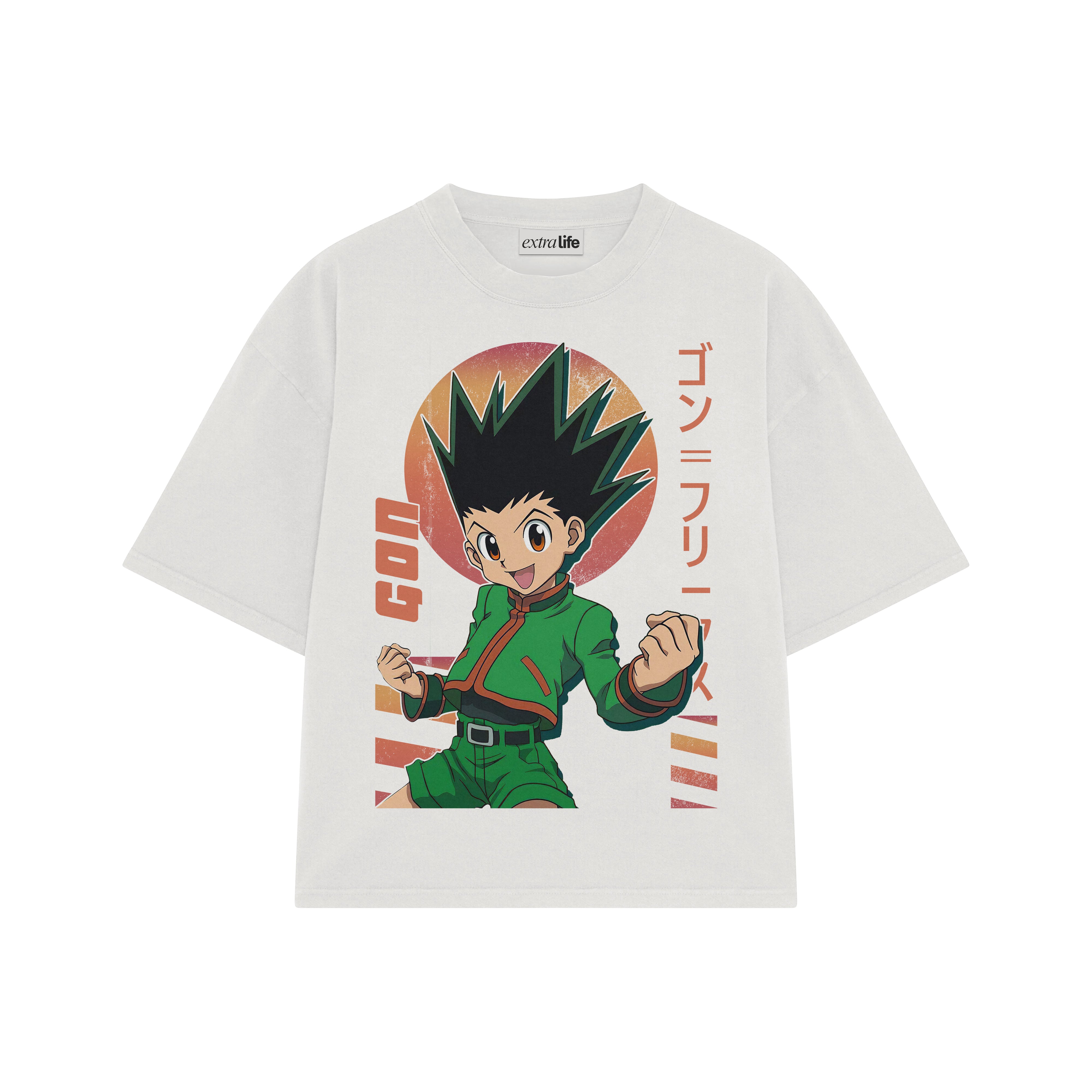 Playera streetwear premium de anime y gaming ExtraLife MX, corte boxy oversized drop shoulder heavyweight en color Deep Black y Off-White, moda urbana mexicana de culto.