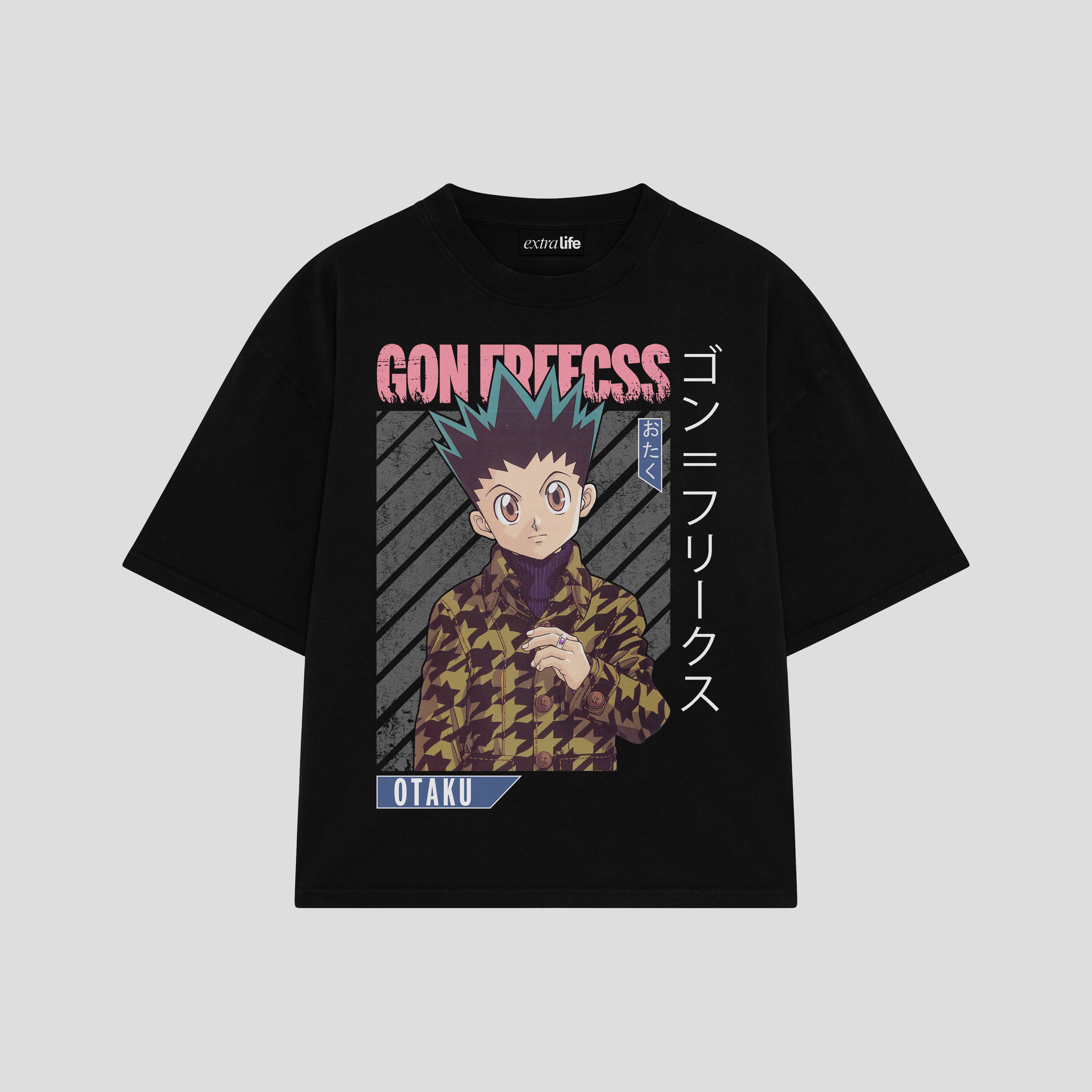 Playera streetwear premium de anime y gaming ExtraLife MX, corte boxy oversized drop shoulder heavyweight en color Deep Black y Off-White, moda urbana mexicana de culto.