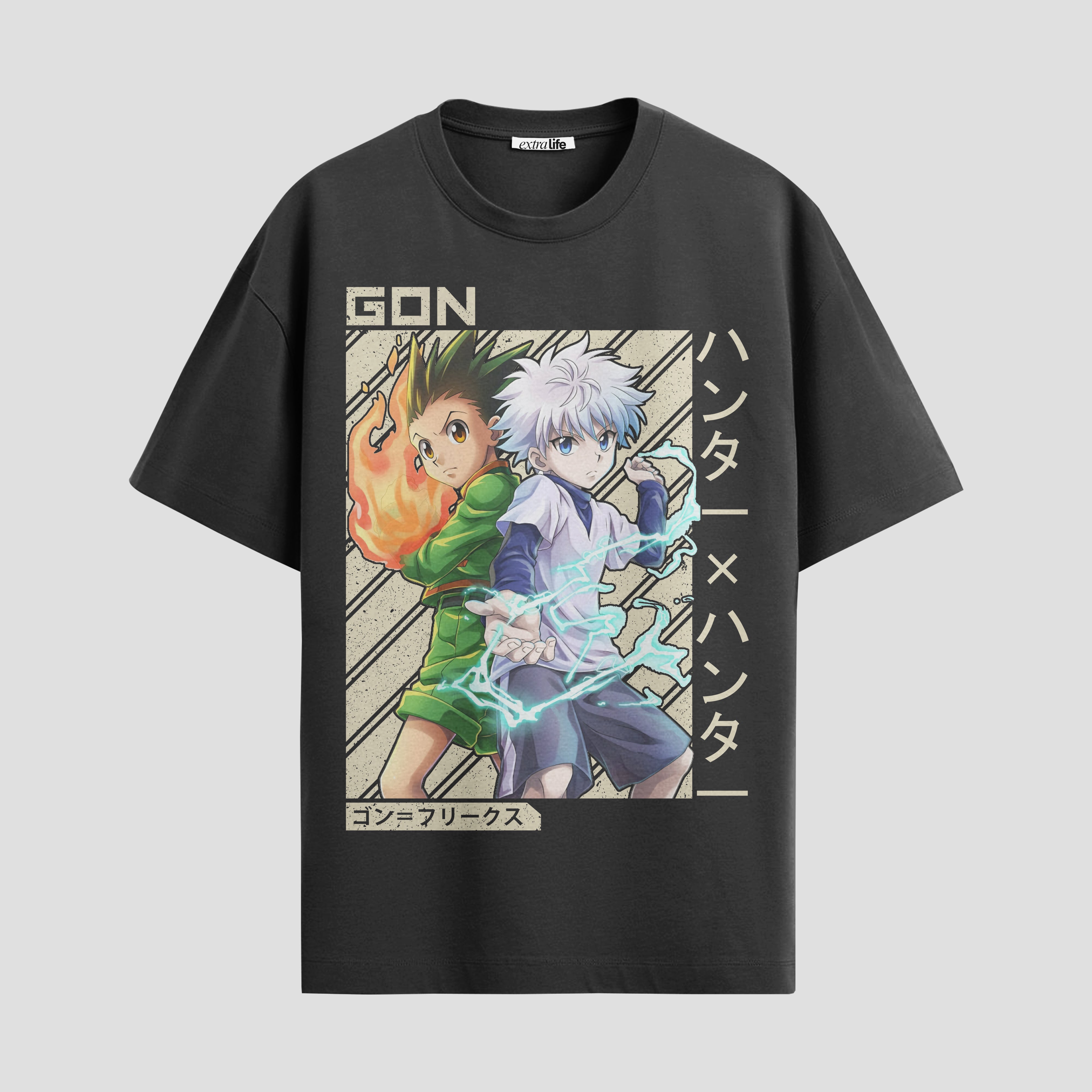 Playera urbana de anime y gaming ExtraLife MX, corte Standard Fit unisex ligero y transpirable en color Deep Black y Pure White, ropa de uso diario para gym y casual.