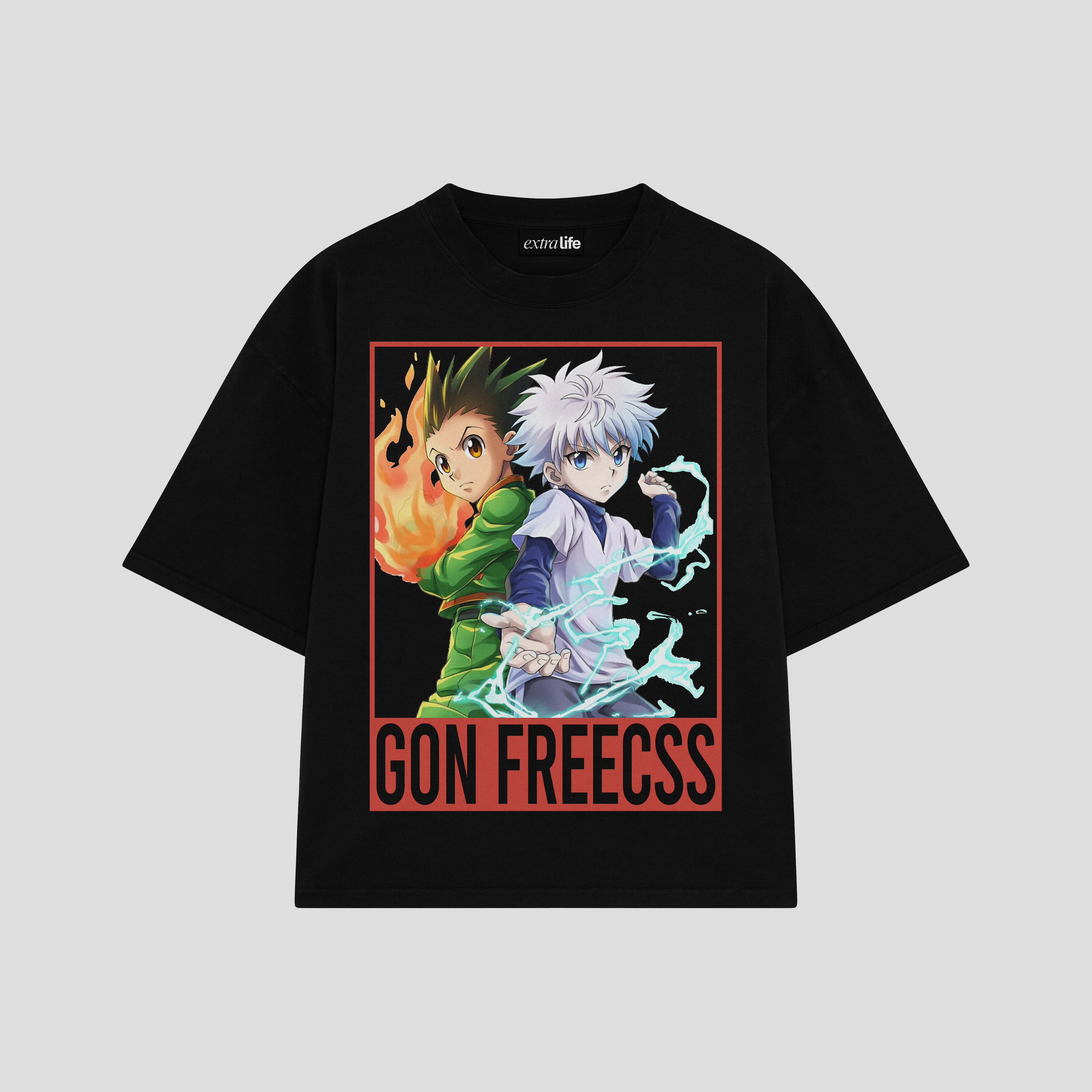 Playera streetwear premium de anime y gaming ExtraLife MX, corte boxy oversized drop shoulder heavyweight en color Deep Black y Off-White, moda urbana mexicana de culto.