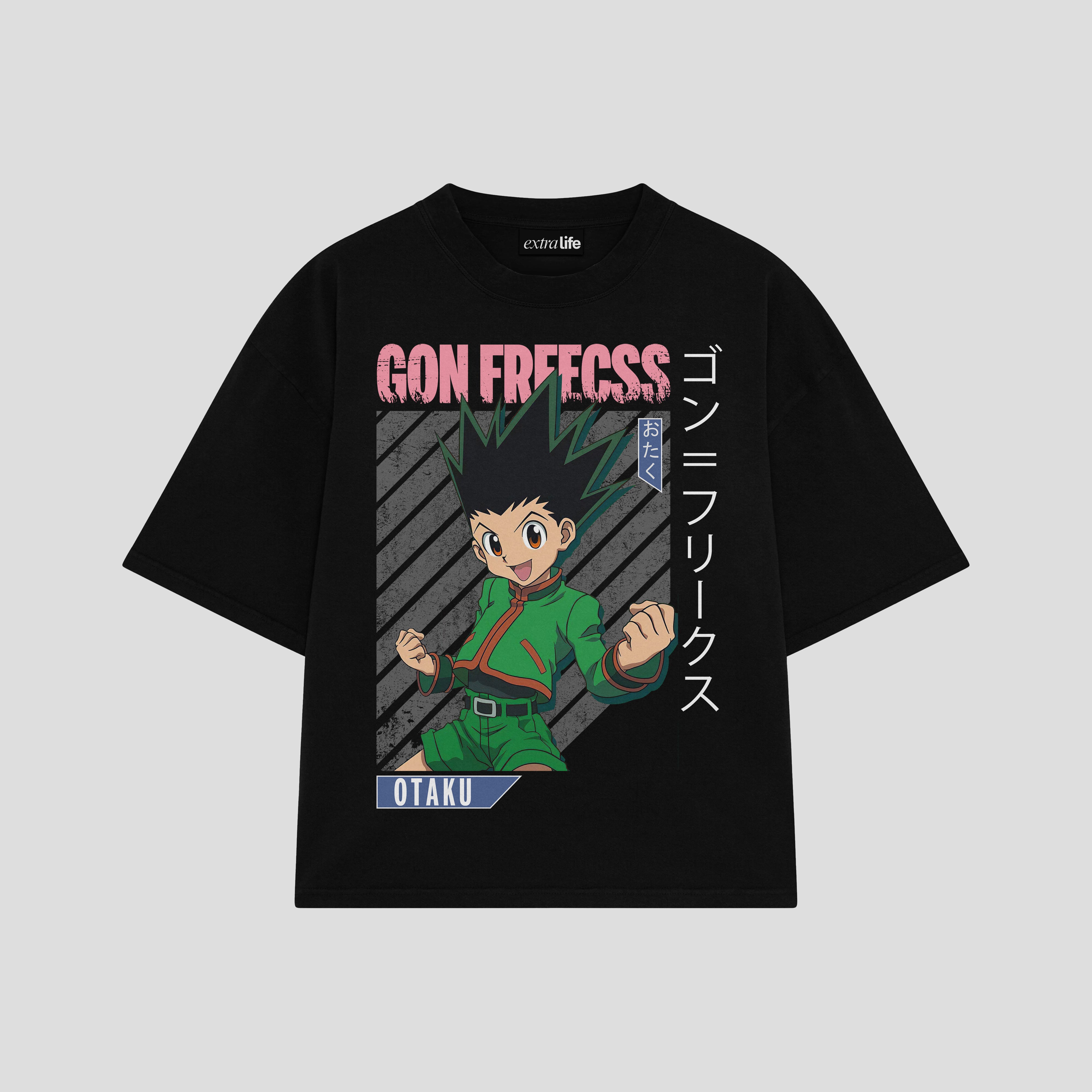 Playera streetwear premium de anime y gaming ExtraLife MX, corte boxy oversized drop shoulder heavyweight en color Deep Black y Off-White, moda urbana mexicana de culto.