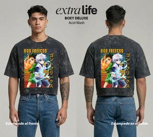 Playera streetwear premium de anime y gaming ExtraLife MX, corte boxy deluxe mineral wash heavyweight en color Acid Wash, moda urbana mexicana de culto.