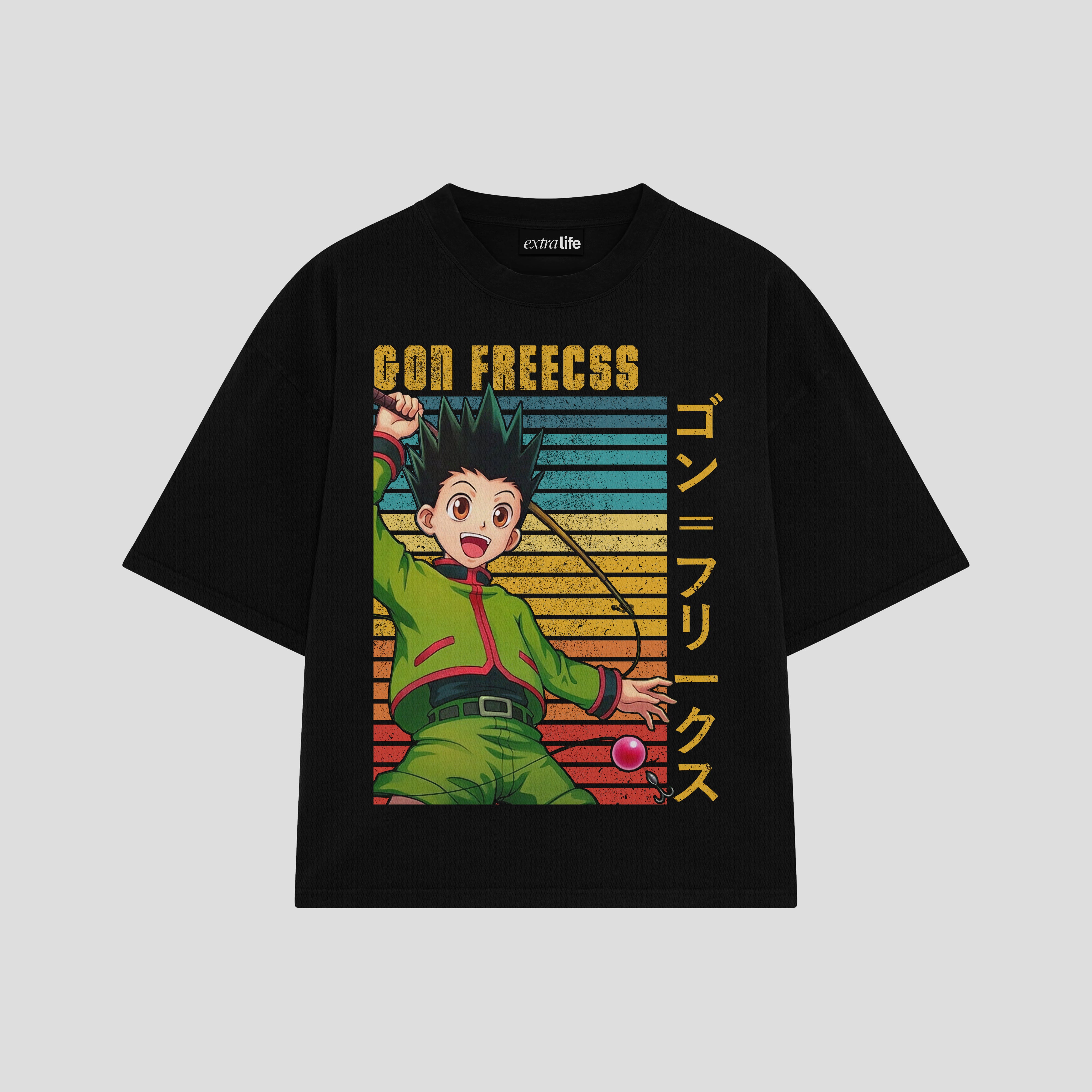 Playera streetwear premium de anime y gaming ExtraLife MX, corte boxy oversized drop shoulder heavyweight en color Deep Black y Off-White, moda urbana mexicana de culto.
