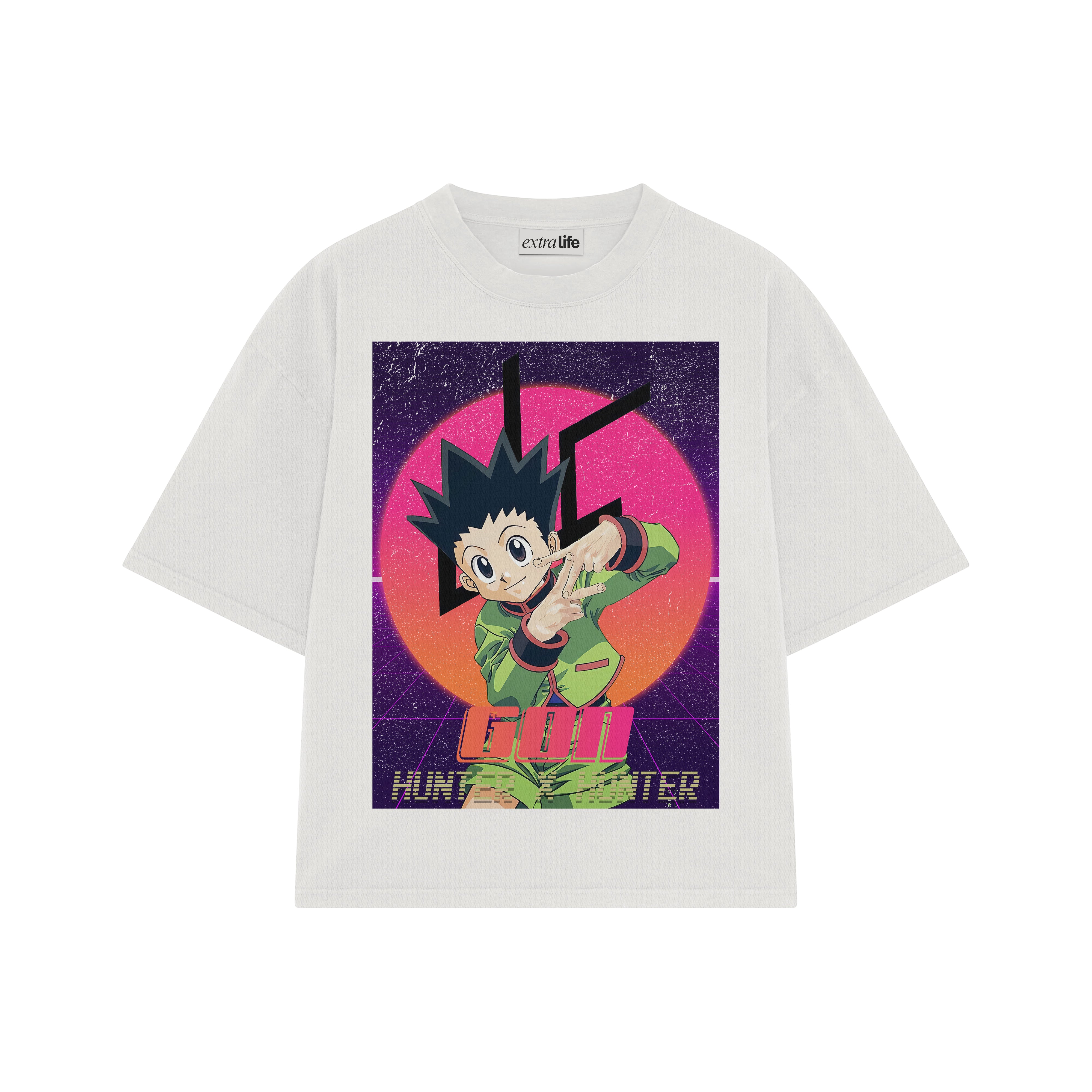 Playera streetwear premium de anime y gaming ExtraLife MX, corte boxy oversized drop shoulder heavyweight en color Deep Black y Off-White, moda urbana mexicana de culto.