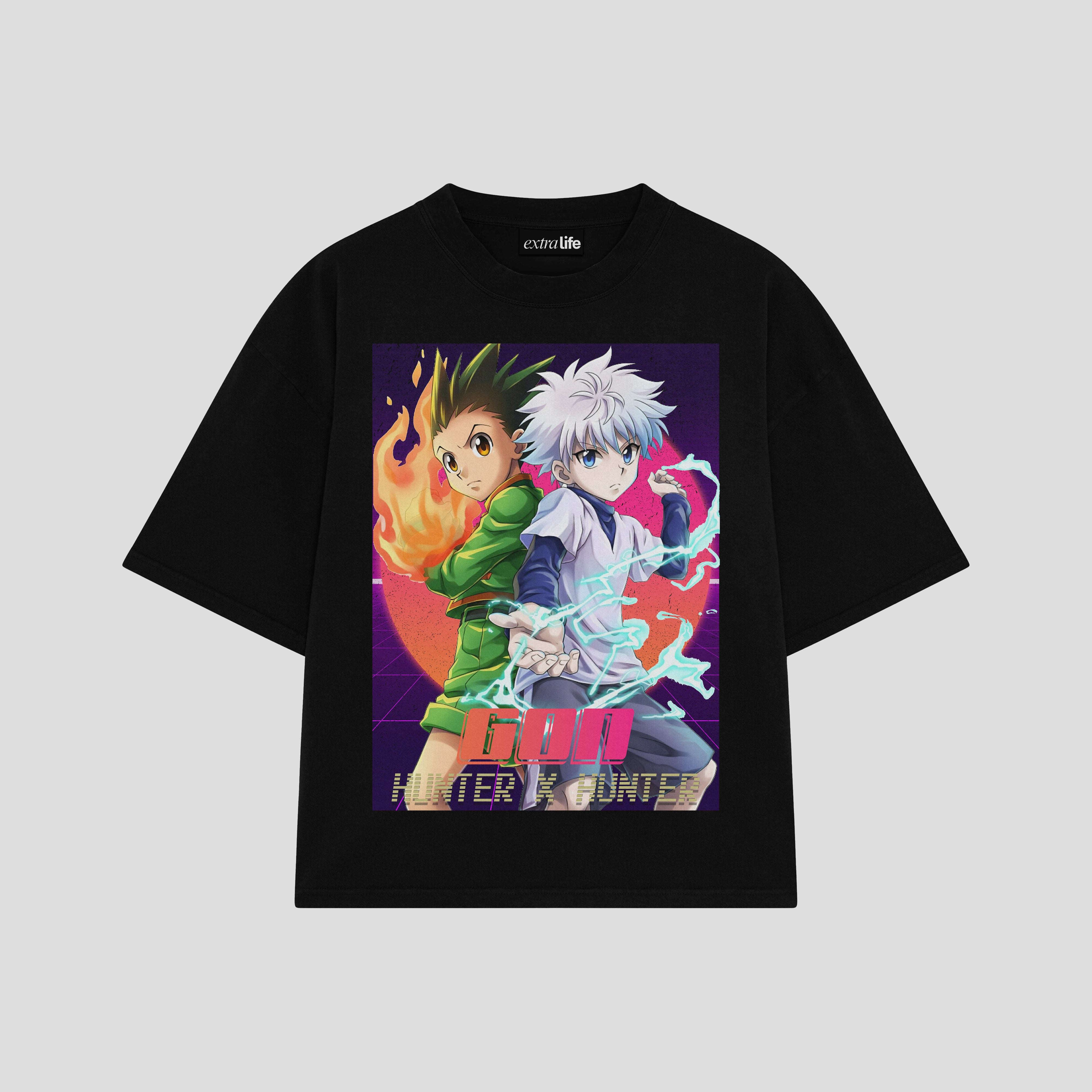 Playera streetwear premium de anime y gaming ExtraLife MX, corte boxy oversized drop shoulder heavyweight en color Deep Black y Off-White, moda urbana mexicana de culto.