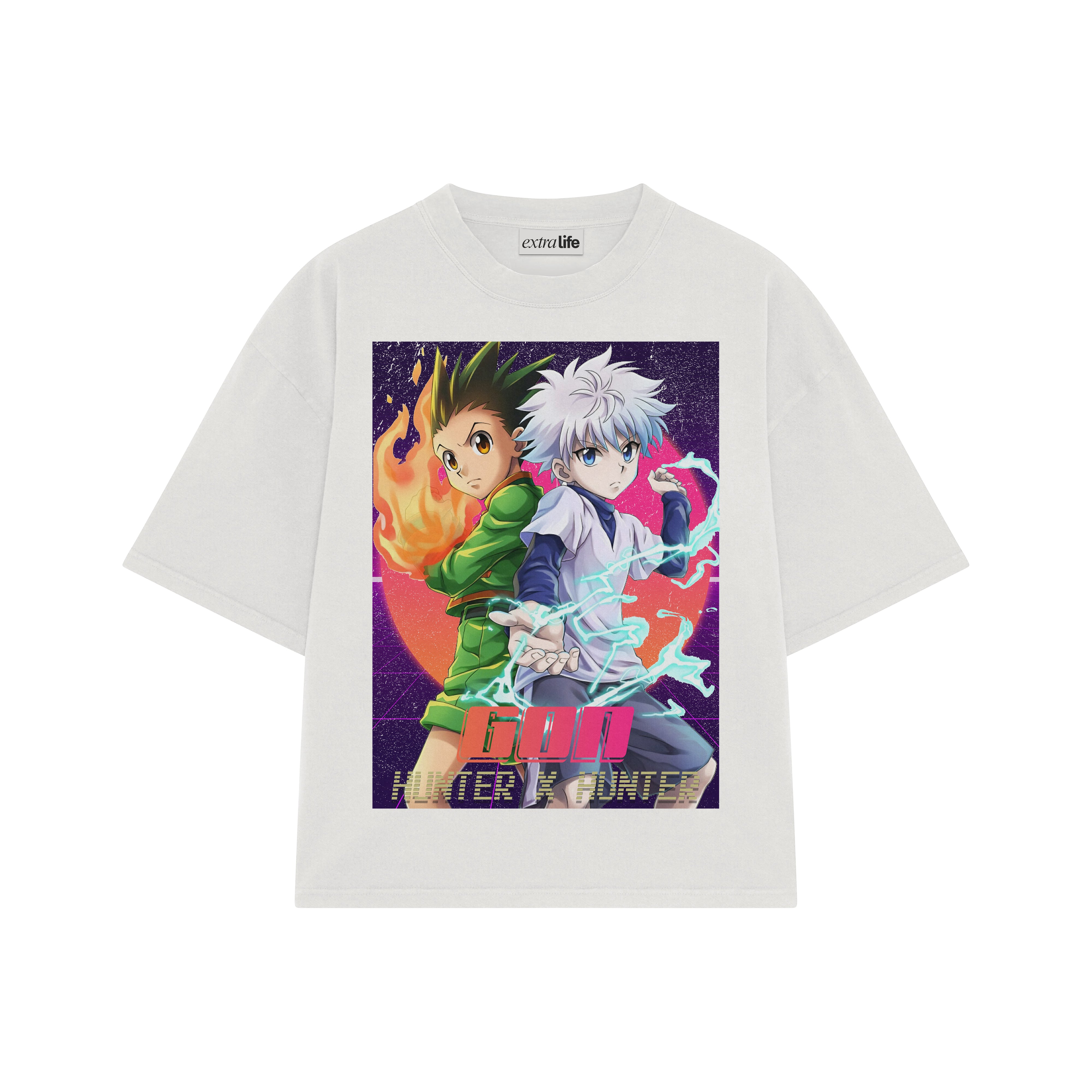 Playera streetwear premium de anime y gaming ExtraLife MX, corte boxy oversized drop shoulder heavyweight en color Deep Black y Off-White, moda urbana mexicana de culto.