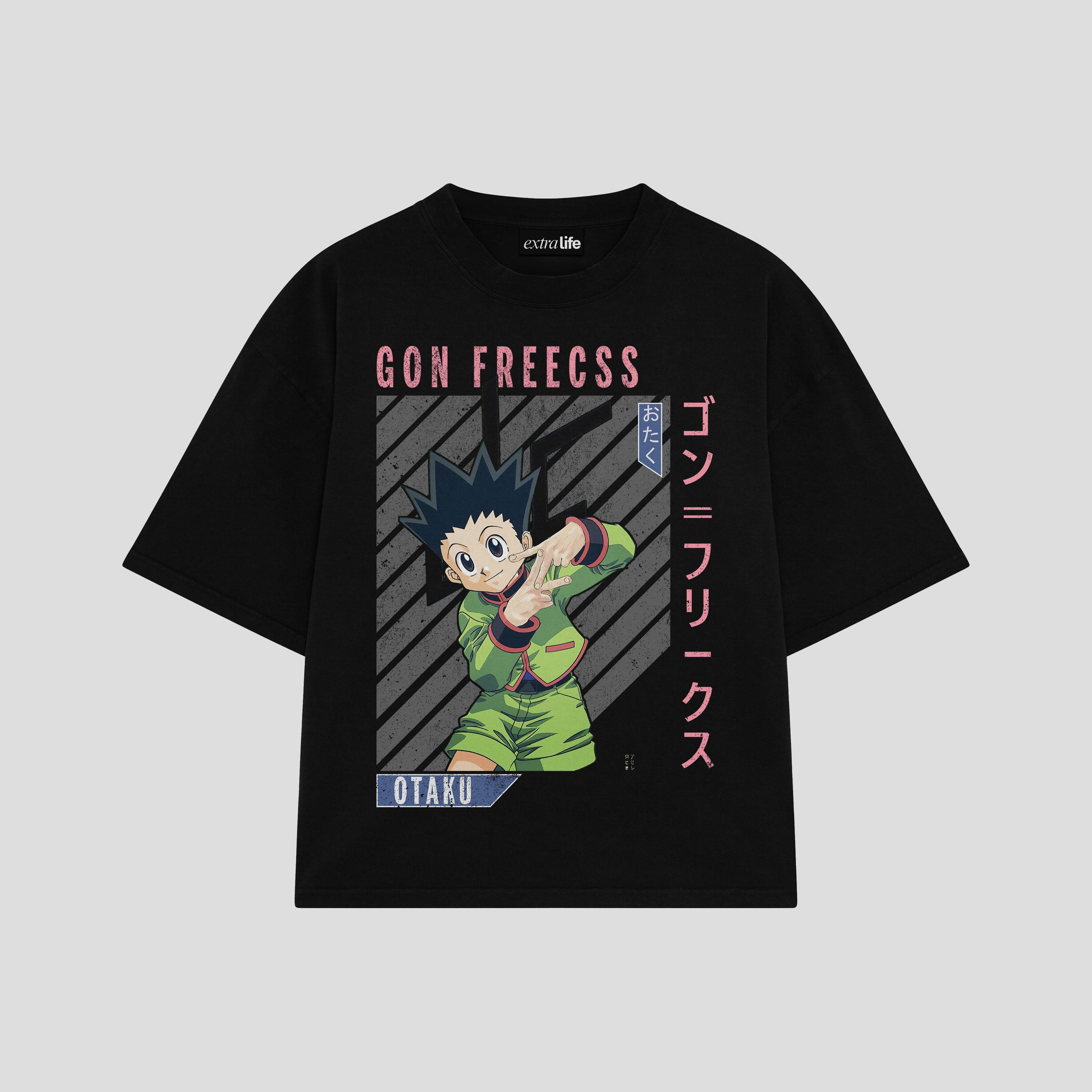 Playera streetwear premium de anime y gaming ExtraLife MX, corte boxy oversized drop shoulder heavyweight en color Deep Black y Off-White, moda urbana mexicana de culto.