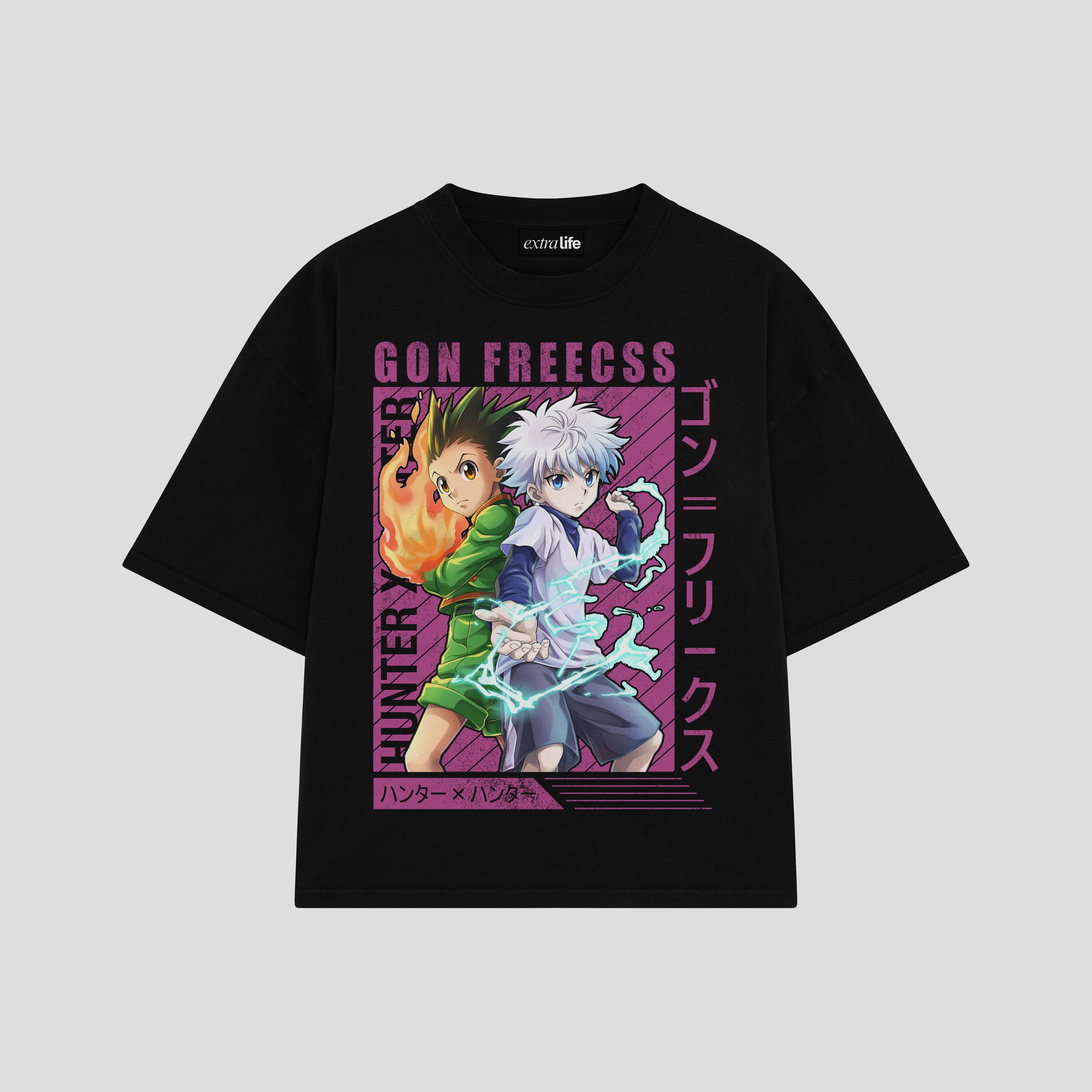 Playera streetwear premium de anime y gaming ExtraLife MX, corte boxy oversized drop shoulder heavyweight en color Deep Black y Off-White, moda urbana mexicana de culto.
